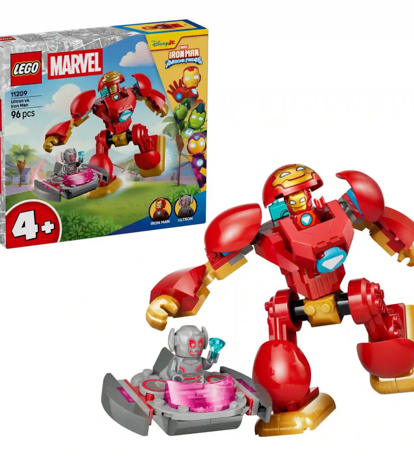 LEGO Marvel Vasember Hulkbuster vs. Ultron (11209) készlet tartalma a dobozzal együtt, megépített Hulkbuster robottal, Iron Man figurával, Ultronnal és futurisztikus lebegő platformmal.