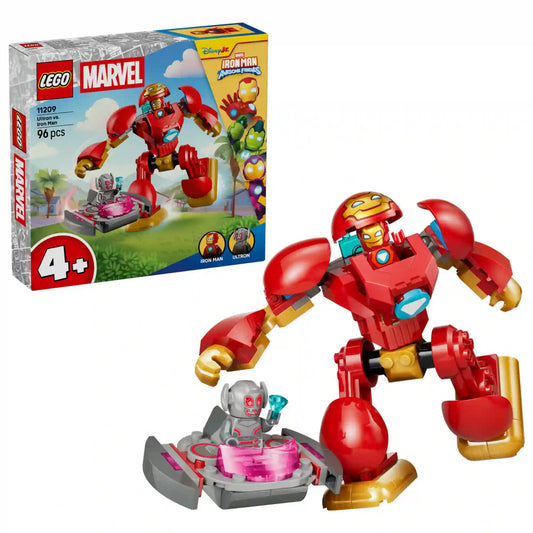 LEGO Marvel Vasember Hulkbuster vs. Ultron (11209) készlet tartalma a dobozzal együtt, megépített Hulkbuster robottal, Iron Man figurával, Ultronnal és futurisztikus lebegő platformmal.