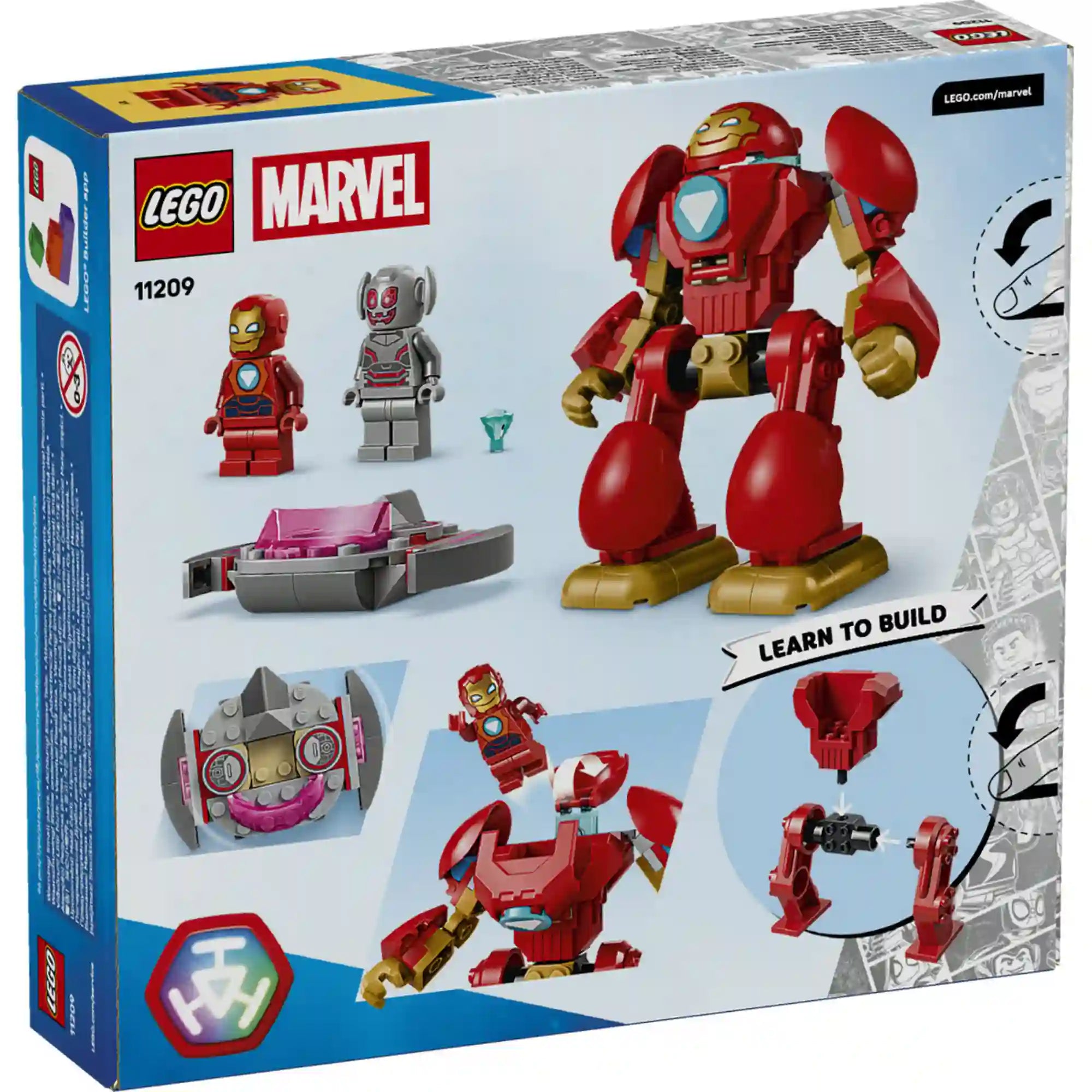 LEGO Marvel Vasember Hulkbuster vs. Ultron (11209) dobozának hátoldala, amely bemutatja a Hulkbuster páncél építési lépéseit, a nyitható pilótafülkét, valamint az Iron Man és Ultron minifigurákat.