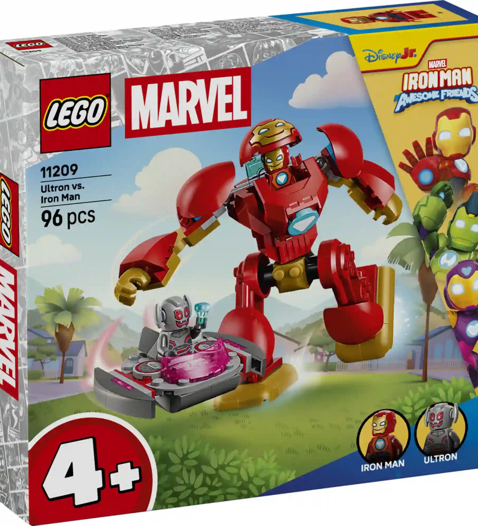 LEGO Marvel Vasember Hulkbuster vs. Ultron (11209) dobozképe a Disney Jr. Iron Man and His Awesome Friends sorozat alapján, Hulkbuster páncéllal, Ultron figurával és lebegő járművel.