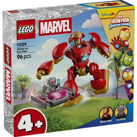 LEGO Marvel Vasember Hulkbuster vs. Ultron (11209) dobozképe a Disney Jr. Iron Man and His Awesome Friends sorozat alapján, Hulkbuster páncéllal, Ultron figurával és lebegő járművel.
