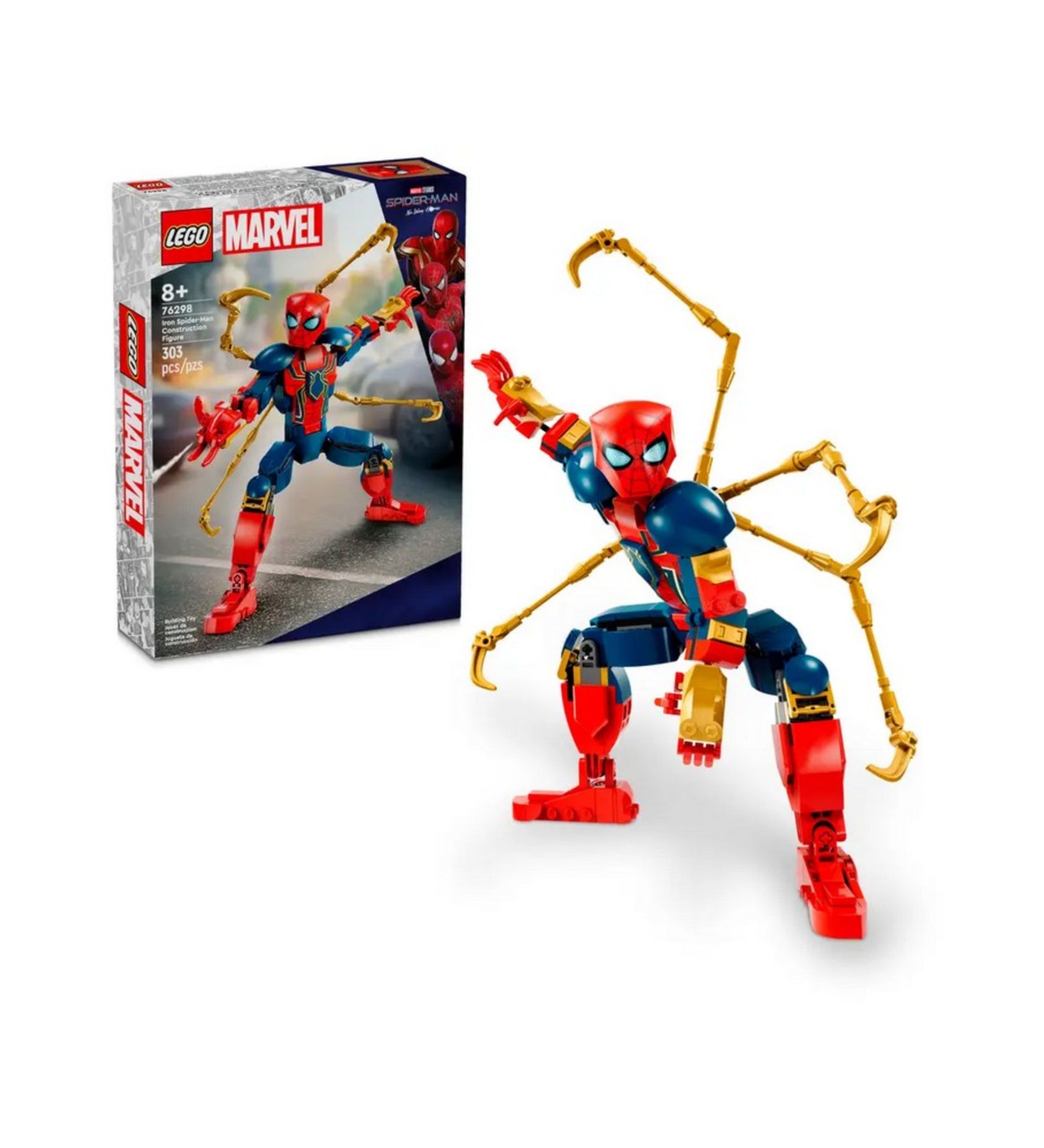 Vas Pókember LEGO építőfigura (76298) pózoló helyzetben, arany póklábakkal kiegészítve, a dobozával együtt fehér háttér előtt.