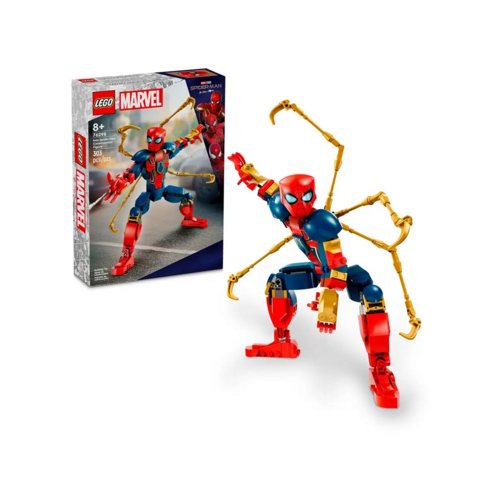 Vas Pókember LEGO építőfigura (76298) pózoló helyzetben, arany póklábakkal kiegészítve, a dobozával együtt fehér háttér előtt.
