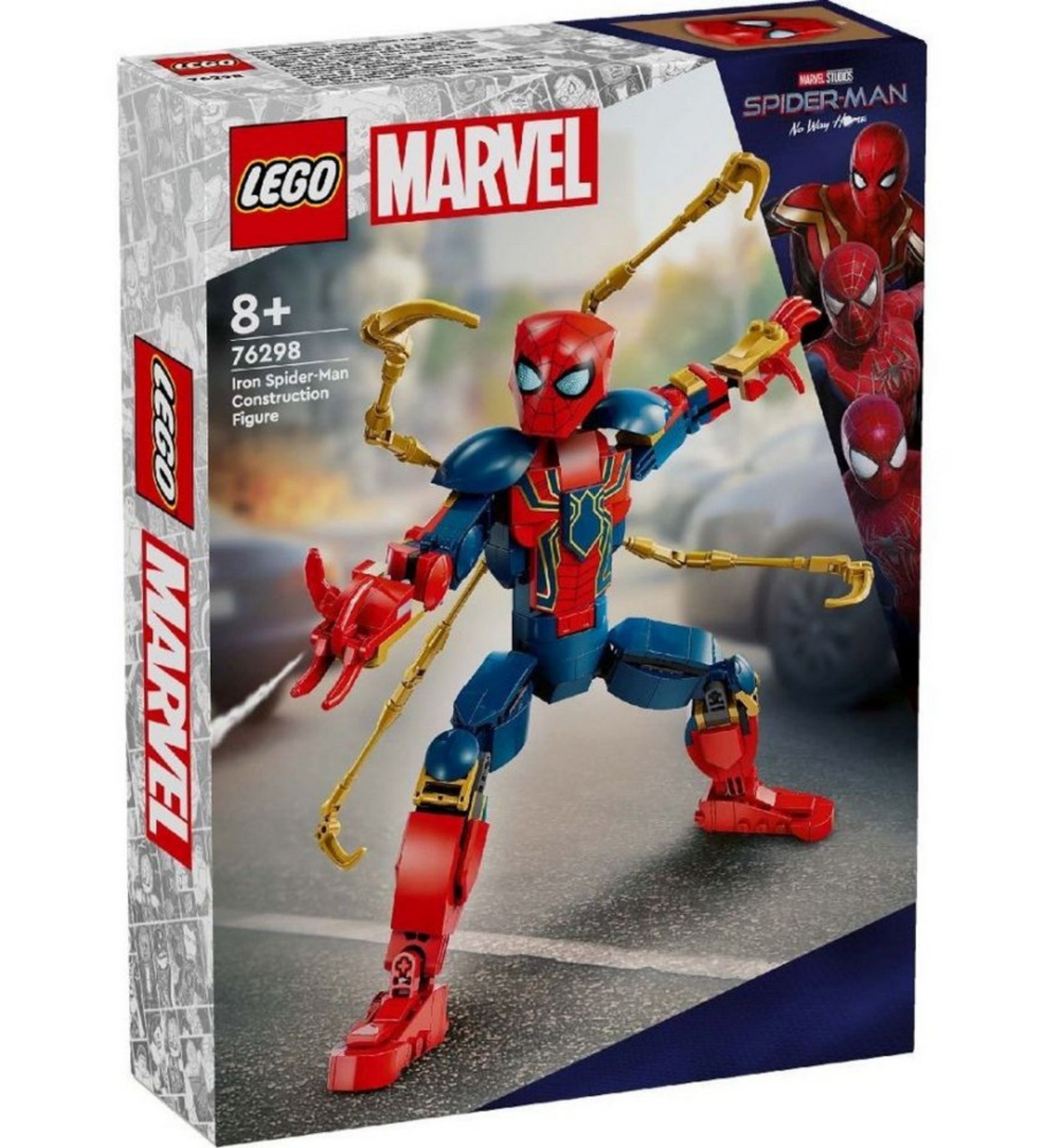 A LEGO Marvel Vas Pókember építőfigura (76298) színes doboza elölnézetből, Pókember akcióban arany póklábakkal, háttérben városi jelenettel.