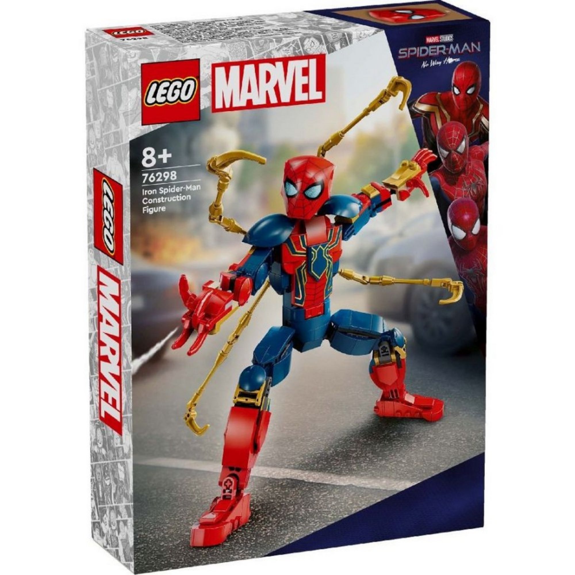 A LEGO Marvel Vas Pókember építőfigura (76298) színes doboza elölnézetből, Pókember akcióban arany póklábakkal, háttérben városi jelenettel.