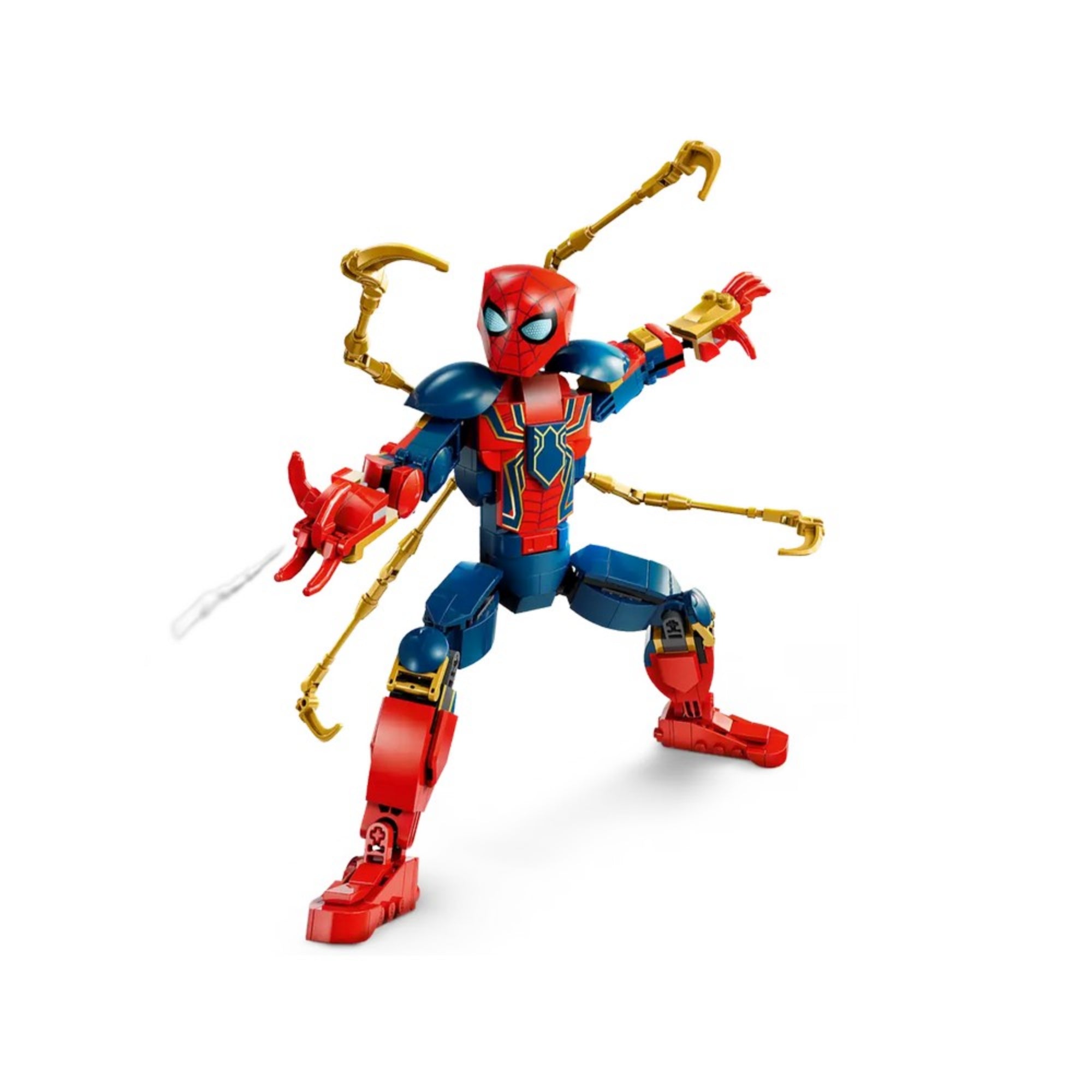 A LEGO Marvel Vas Pókember (76298) teljesen összerakott építőfigurája harci pózban, kinyújtott karokkal és négy arany póklábbal.