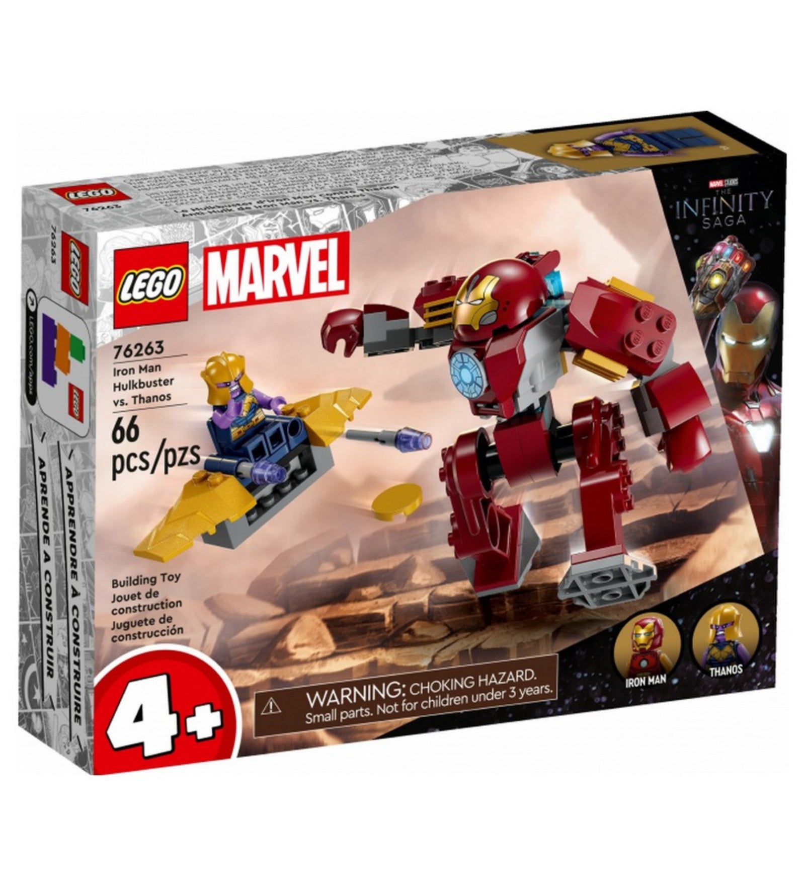 A LEGO Marvel Hulkbuster vs. Thanos (76263) készlet dobozának elölnézeti képe, rajta a páncélos Vasember akció közben és a készlet főbb adatai.
