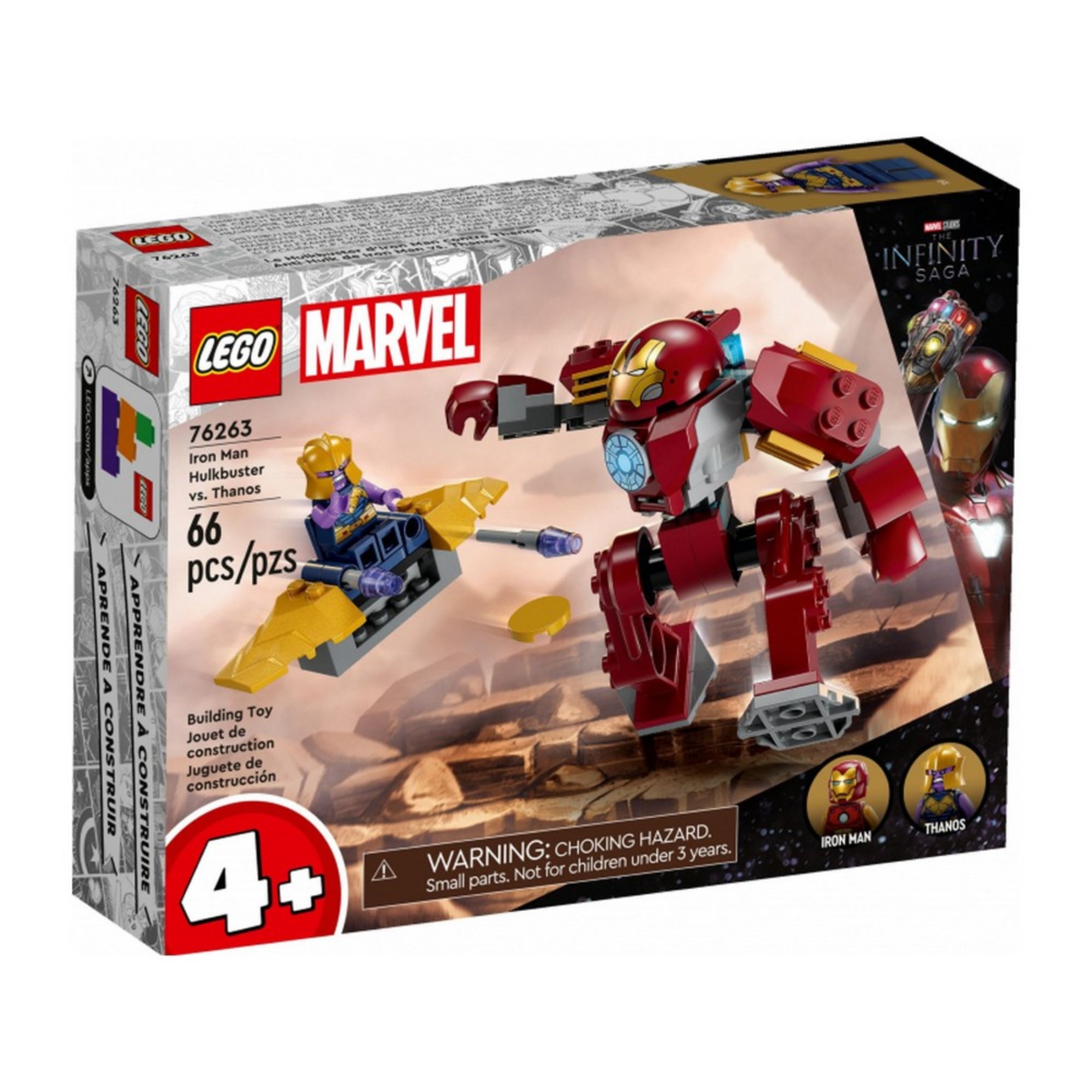 A LEGO Marvel Hulkbuster vs. Thanos (76263) készlet dobozának elölnézeti képe, rajta a páncélos Vasember akció közben és a készlet főbb adatai.