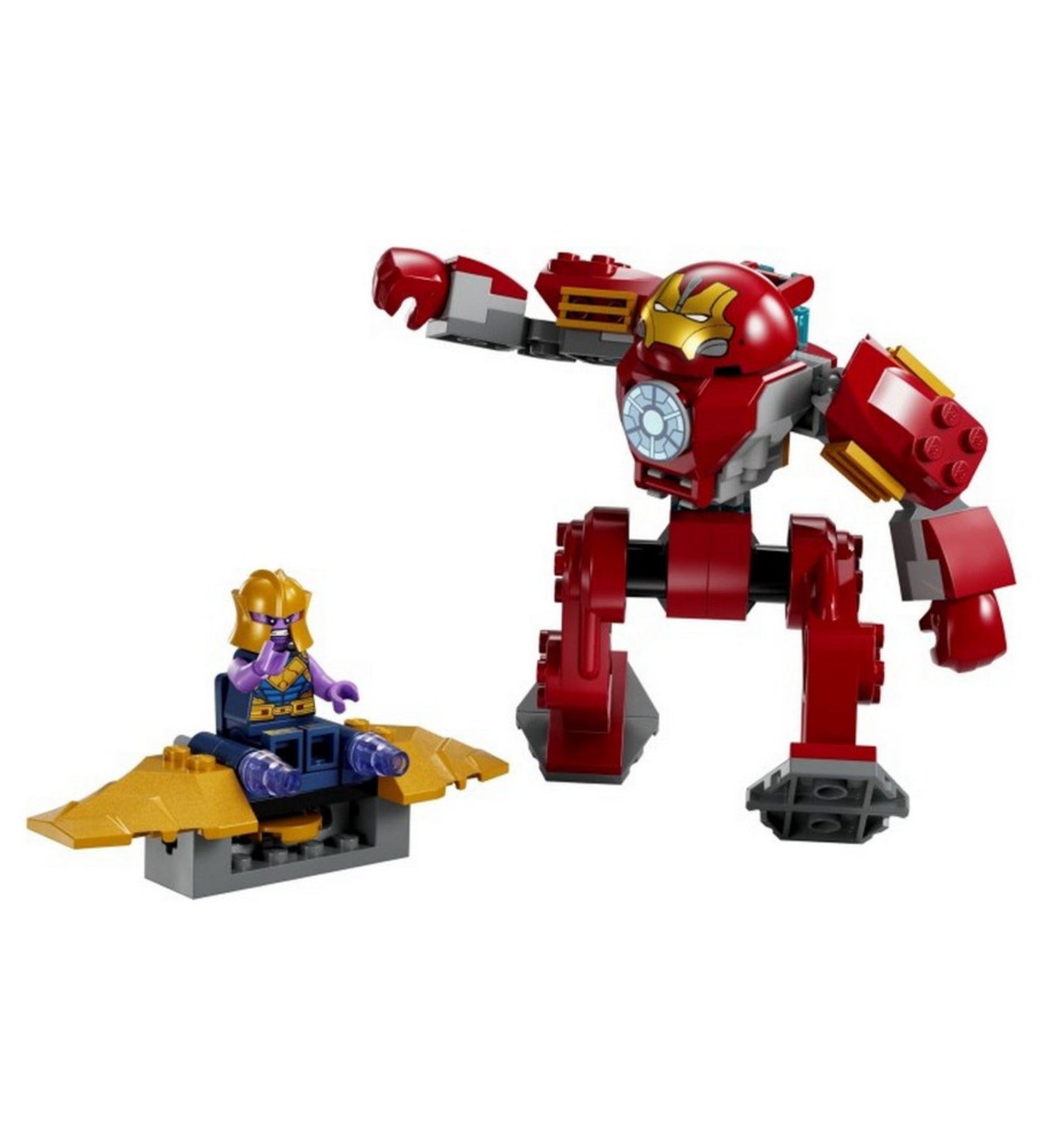 A LEGO Marvel Hulkbuster vs. Thanos (76263) teljes készlete megépítve: a nagy, piros Hulkbuster figura és a kis Thanos minifigura egy harci jelenetben.