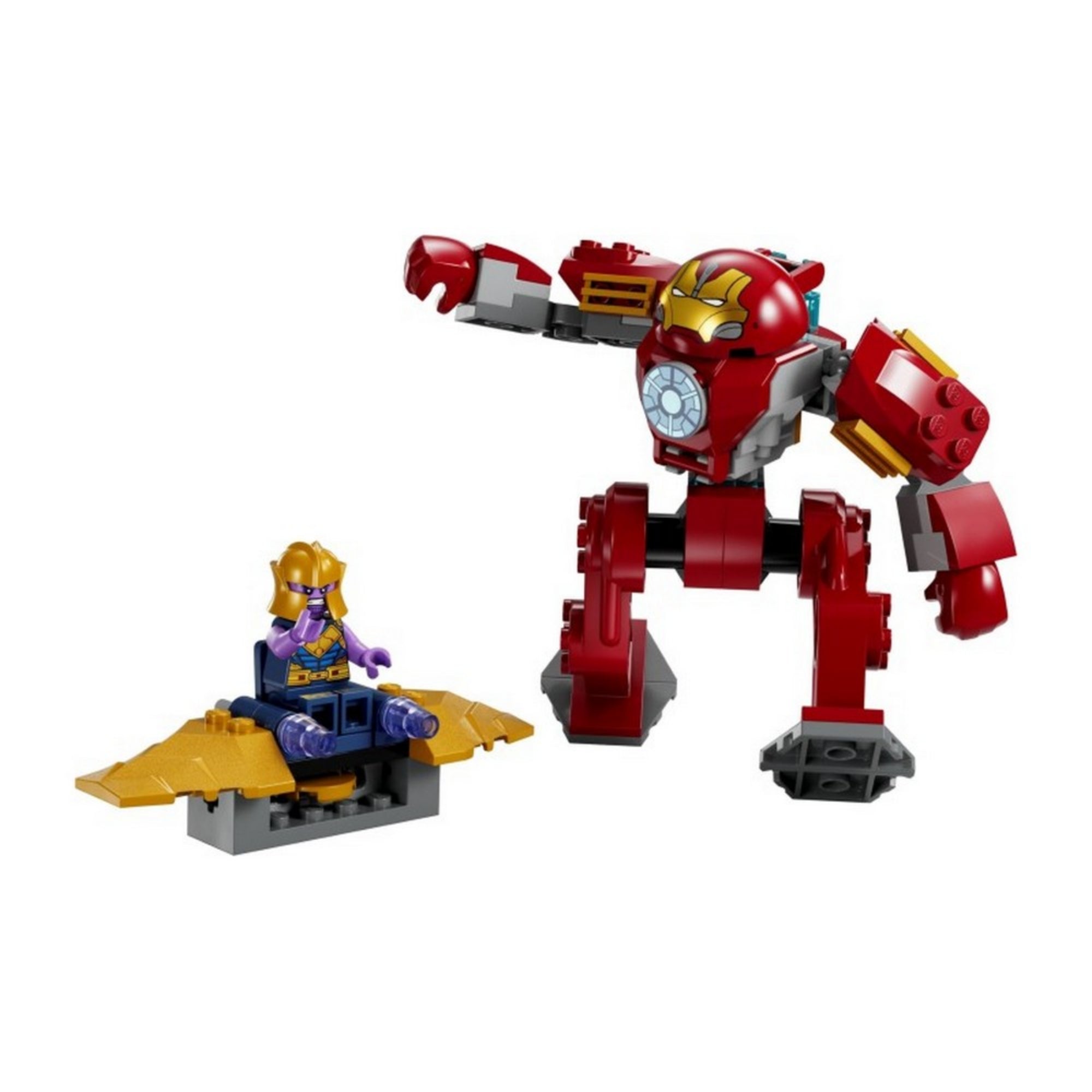 A LEGO Marvel Hulkbuster vs. Thanos (76263) teljes készlete megépítve: a nagy, piros Hulkbuster figura és a kis Thanos minifigura egy harci jelenetben.