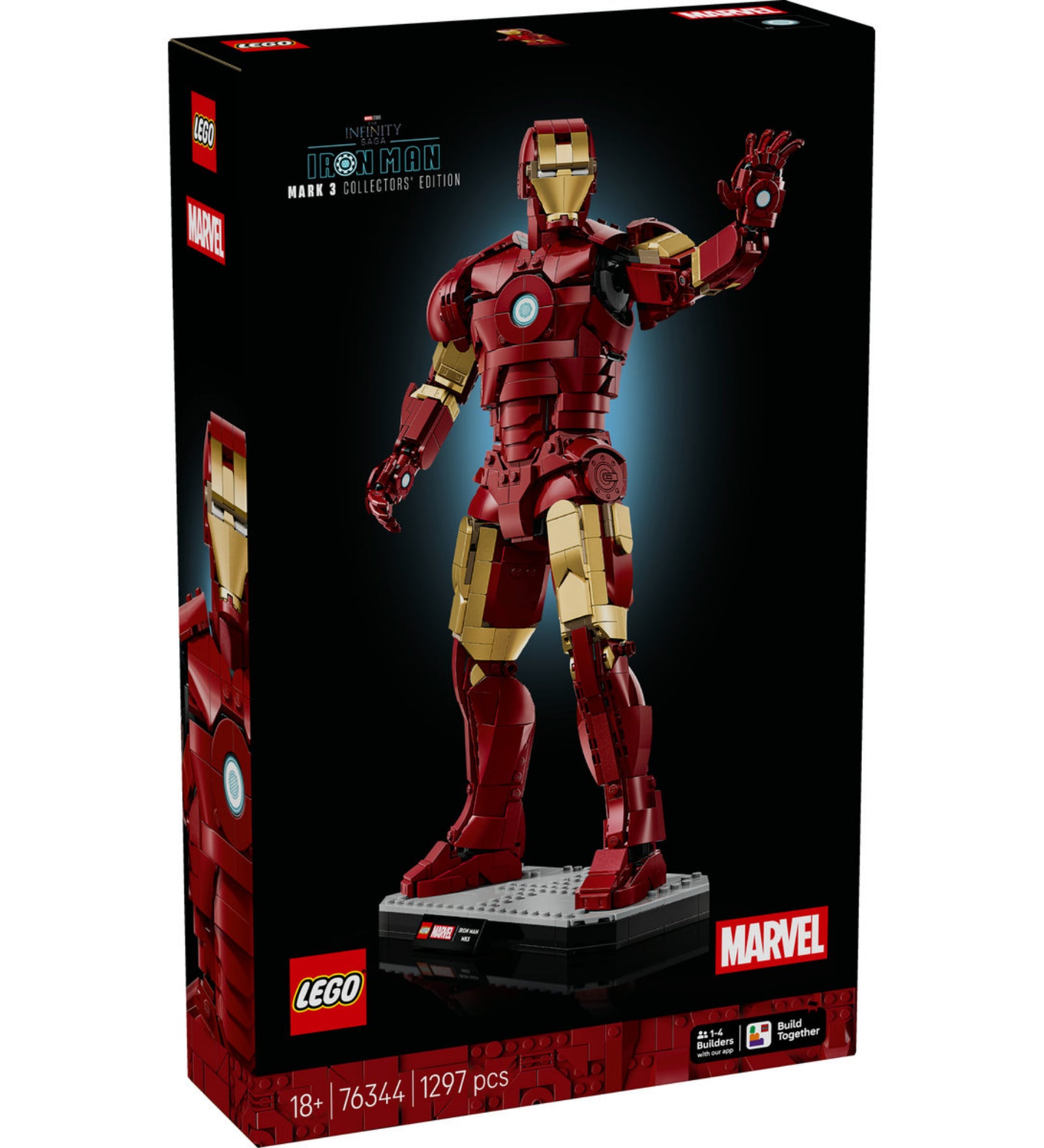 LEGO Marvel Vasember Mark 3 gyűjtői kiadás (76344) készlet dobozképe, a teljes méretű Vasember figurával.