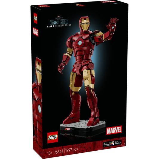LEGO Marvel Vasember Mark 3 gyűjtői kiadás (76344) készlet dobozképe, a teljes méretű Vasember figurával.