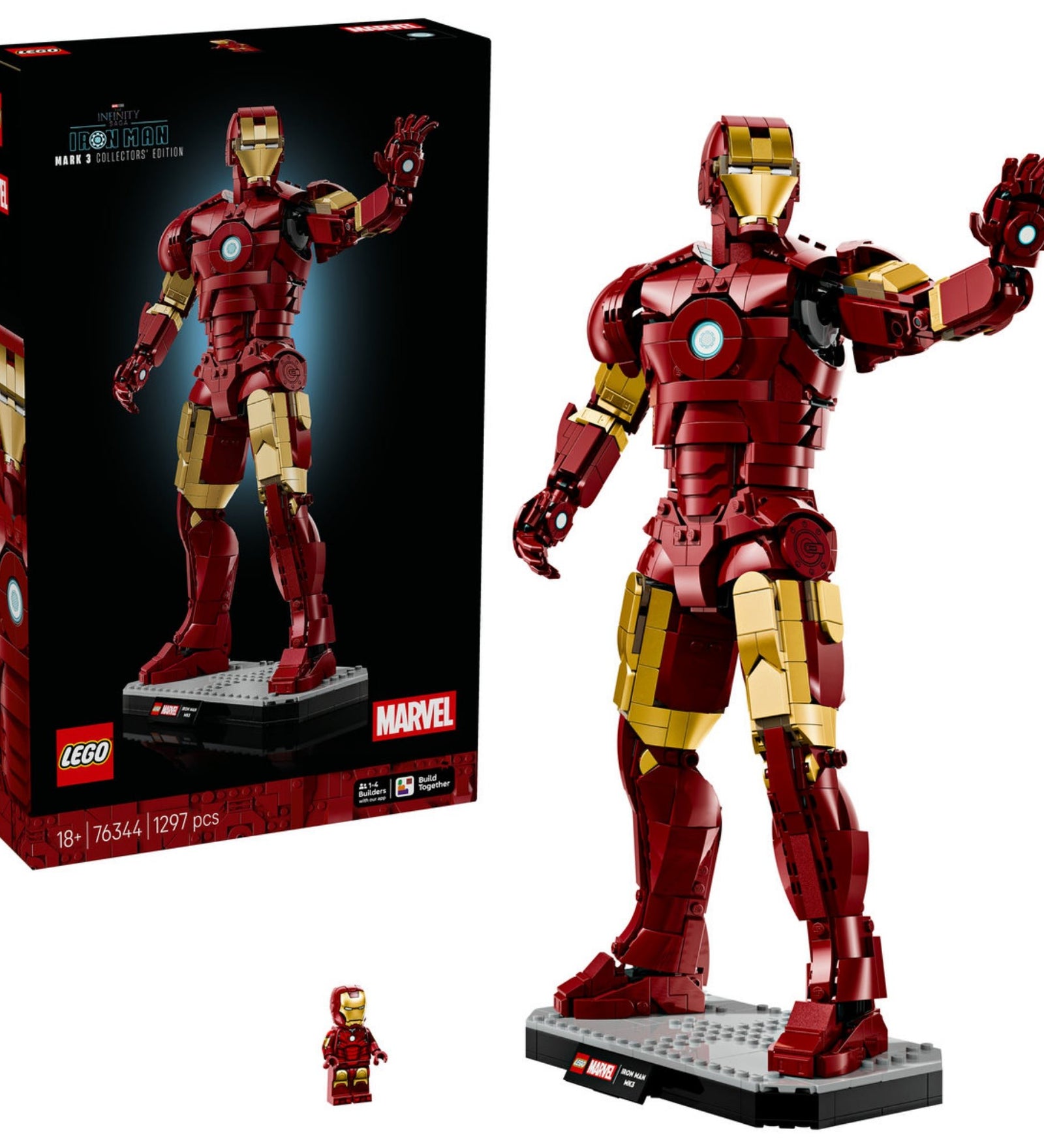 LEGO Marvel Vasember Mark 3 gyűjtői kiadás (76344) megépített figura talapzaton, mellette a doboz és egy Vasember minifigura.