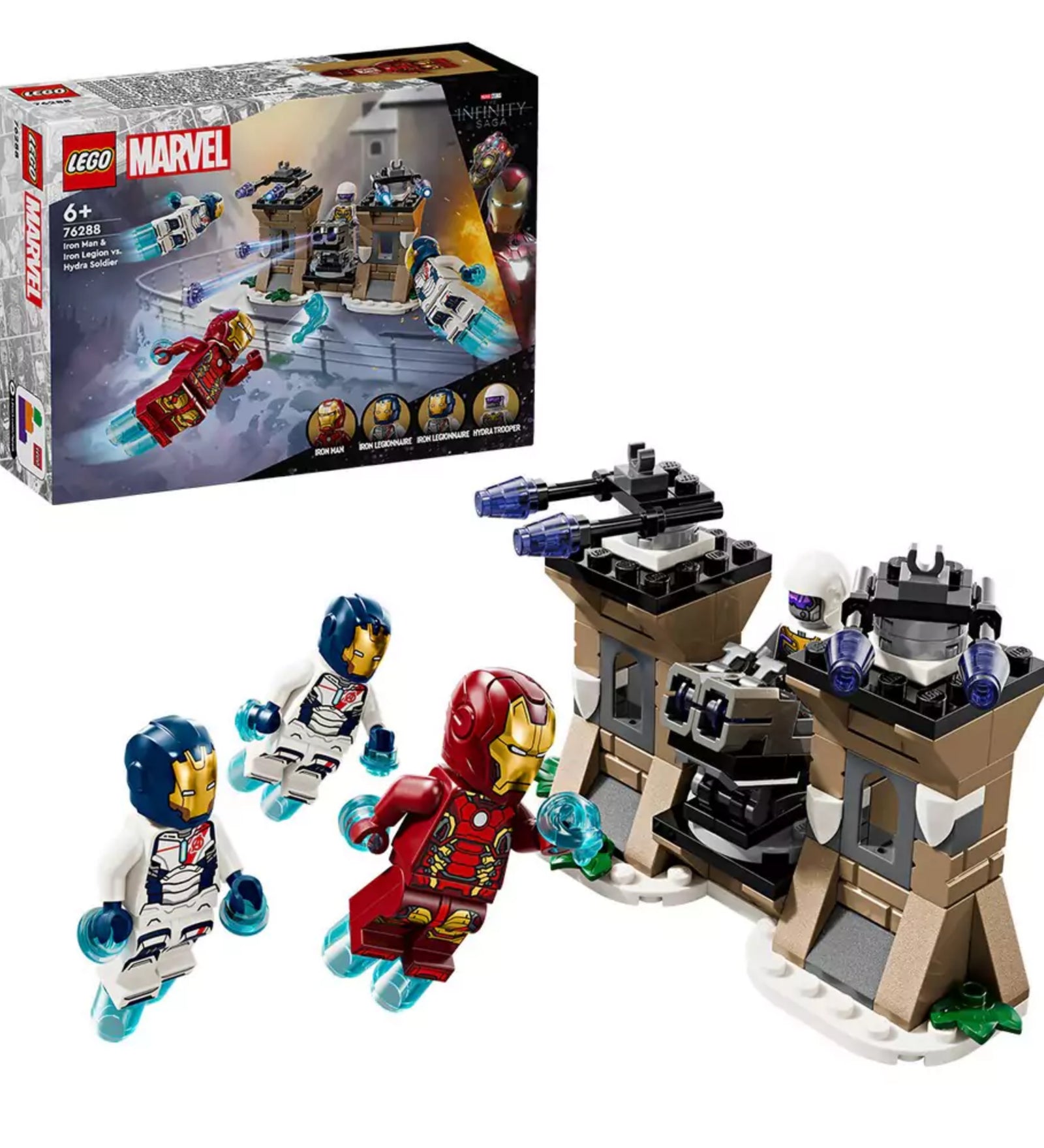 A LEGO Marvel Vasember és a Vaslégió vs. Hydra-katona (76288) szett doboza és a teljes összeépített jelenet, amelyen Vasember és két Vaslégió figura repül a fegyverekkel felszerelt erőd felé, ahol egy Hydra-katona védekezik.