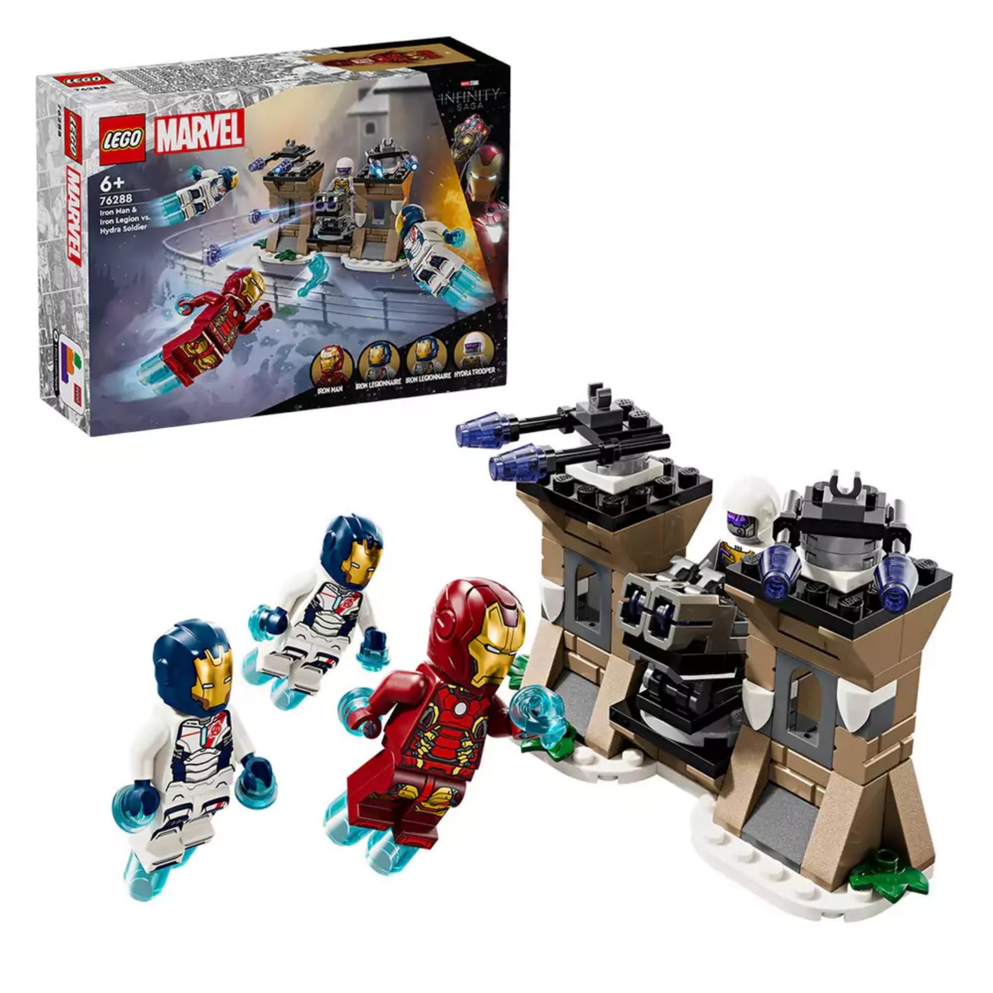 A LEGO Marvel Vasember és a Vaslégió vs. Hydra-katona (76288) szett doboza és a teljes összeépített jelenet, amelyen Vasember és két Vaslégió figura repül a fegyverekkel felszerelt erőd felé, ahol egy Hydra-katona védekezik.