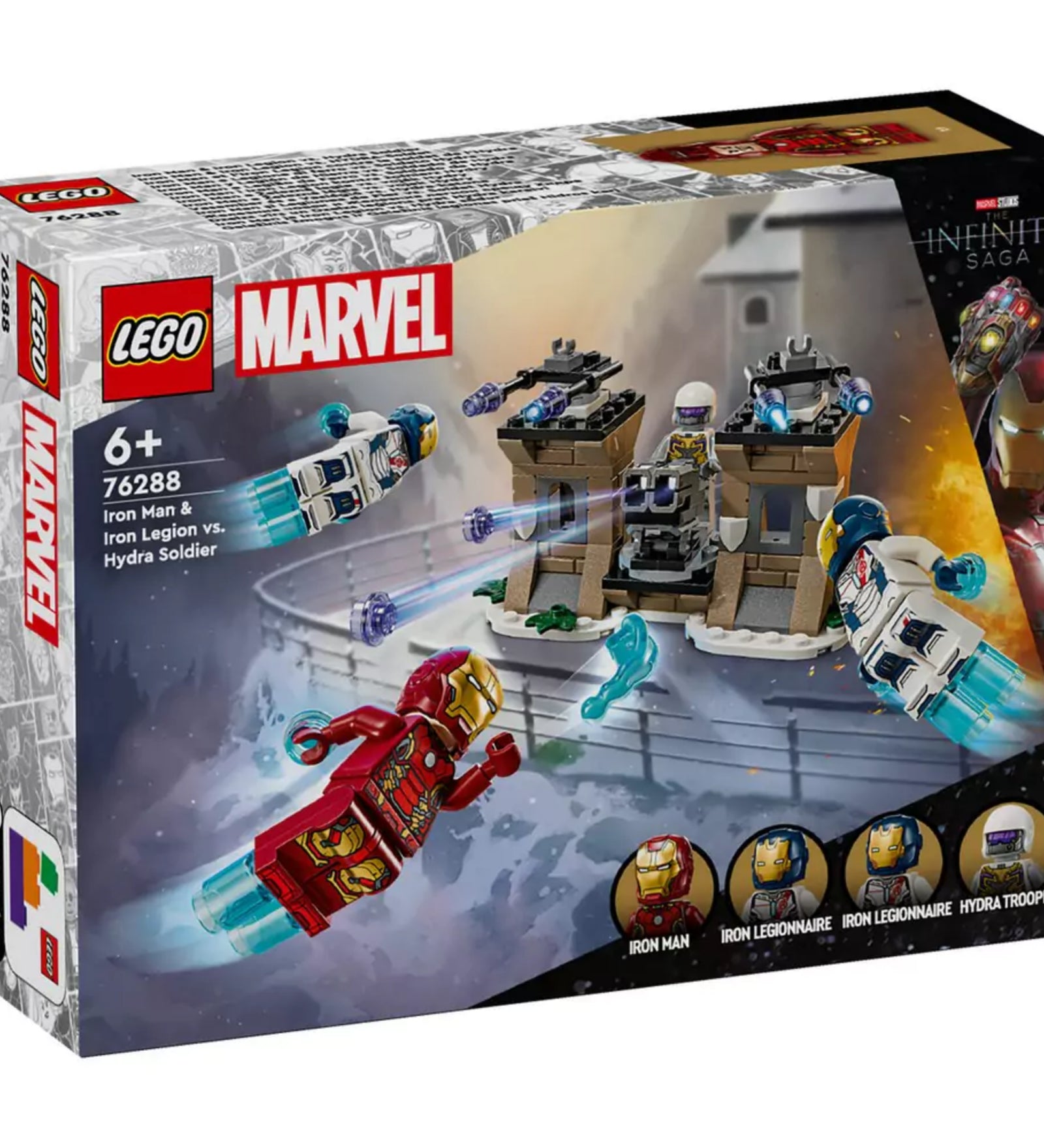 A LEGO Marvel Vasember és a Vaslégió vs. Hydra-katona (76288) szett színes doboza, rajta a repülő szuperhős minifigurák és az erődítmény részletei, valamint a négy minifigura ikonja az alsó sávban.