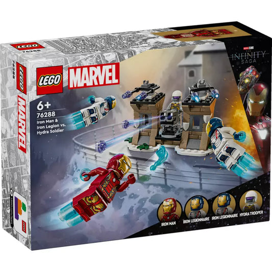 A LEGO Marvel Vasember és a Vaslégió vs. Hydra-katona (76288) szett színes doboza, rajta a repülő szuperhős minifigurák és az erődítmény részletei, valamint a négy minifigura ikonja az alsó sávban.