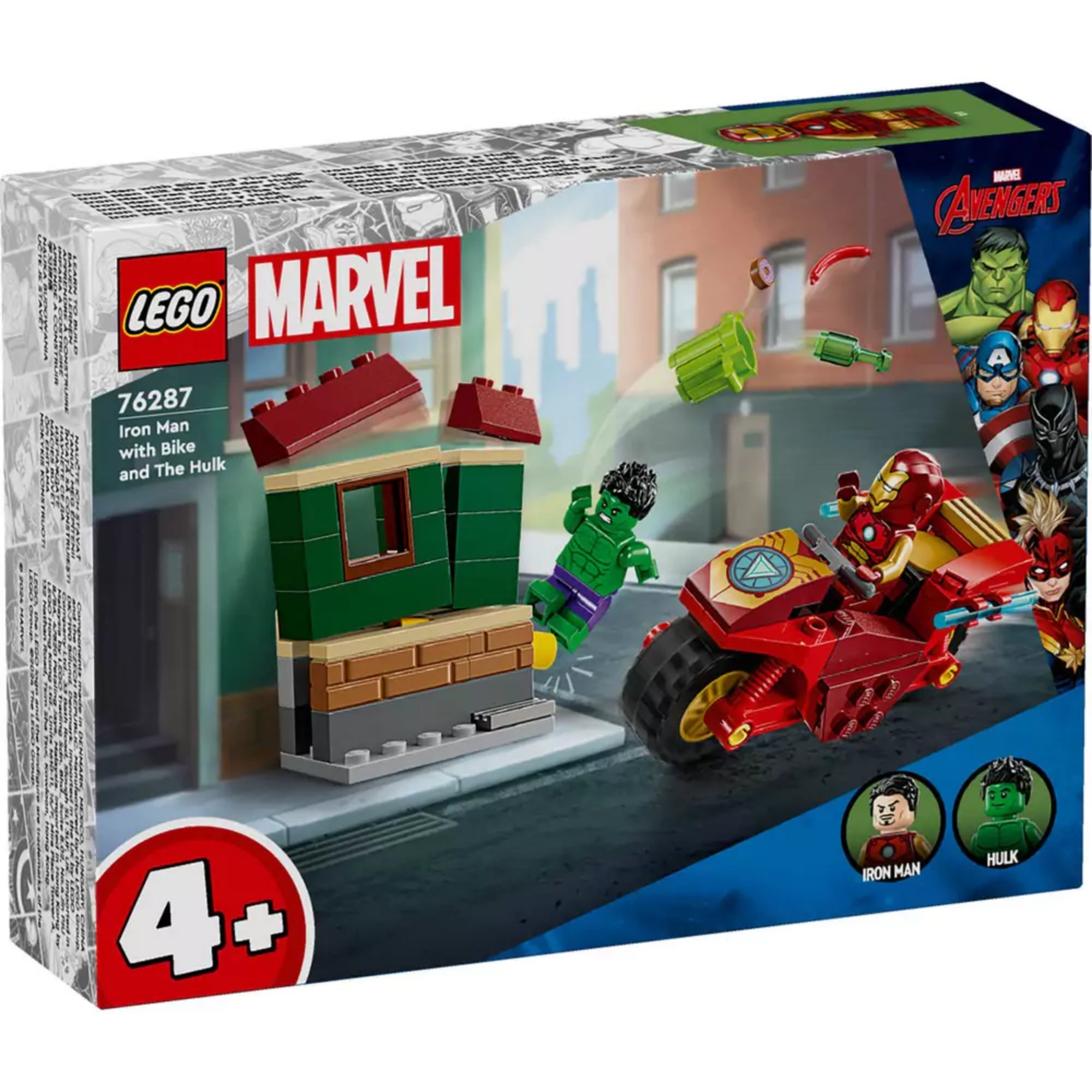 A LEGO Marvel 76287 szett dobozának elölnézete, színes grafika mutatja Vasembert motorral és Hulkot a zöld háttér előtt.