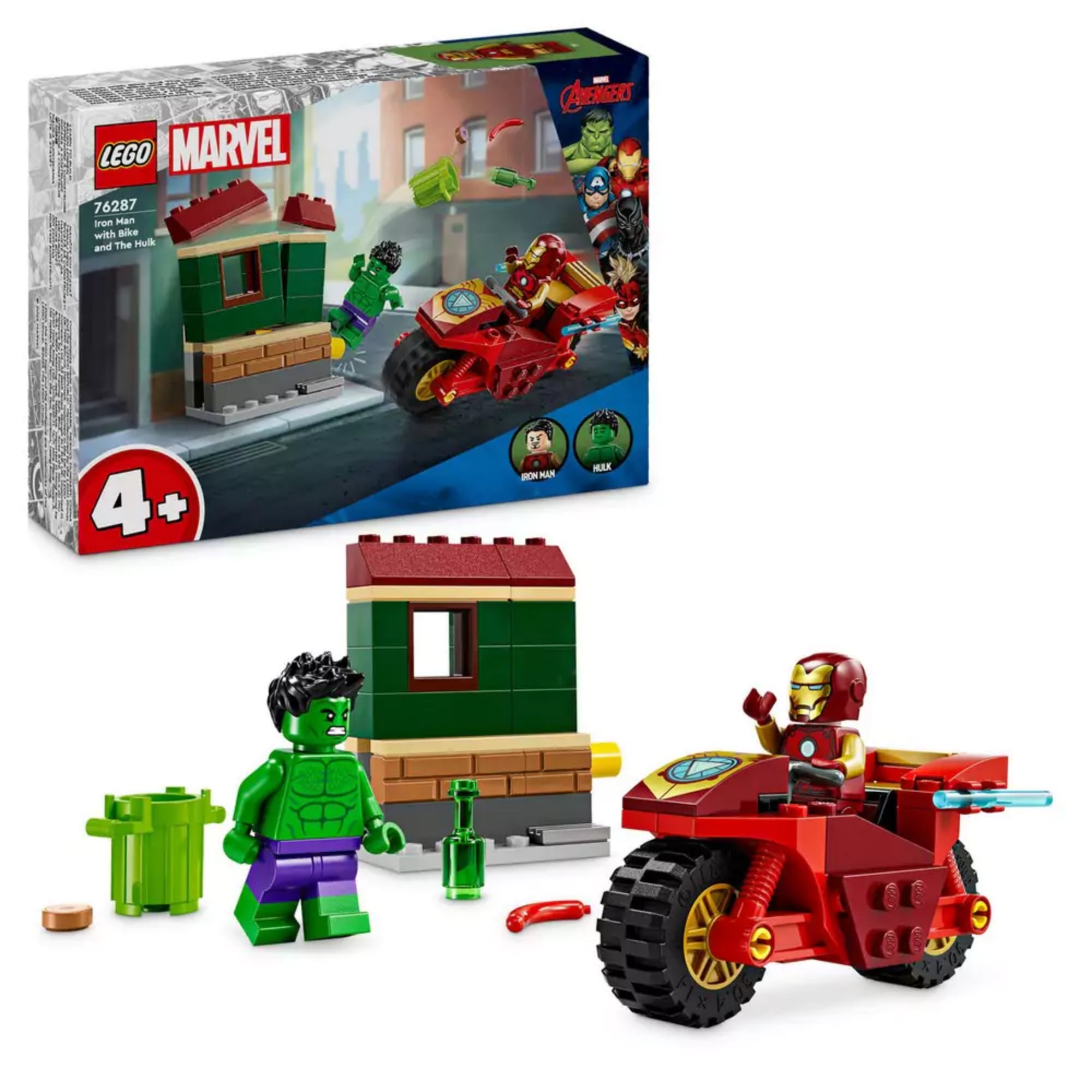 A LEGO Marvel 76287 Vasember motorral és Hulk készlet doboza és az összerakott játékkészlet együtt, Iron Man motort vezet, Hulk előtte áll.
