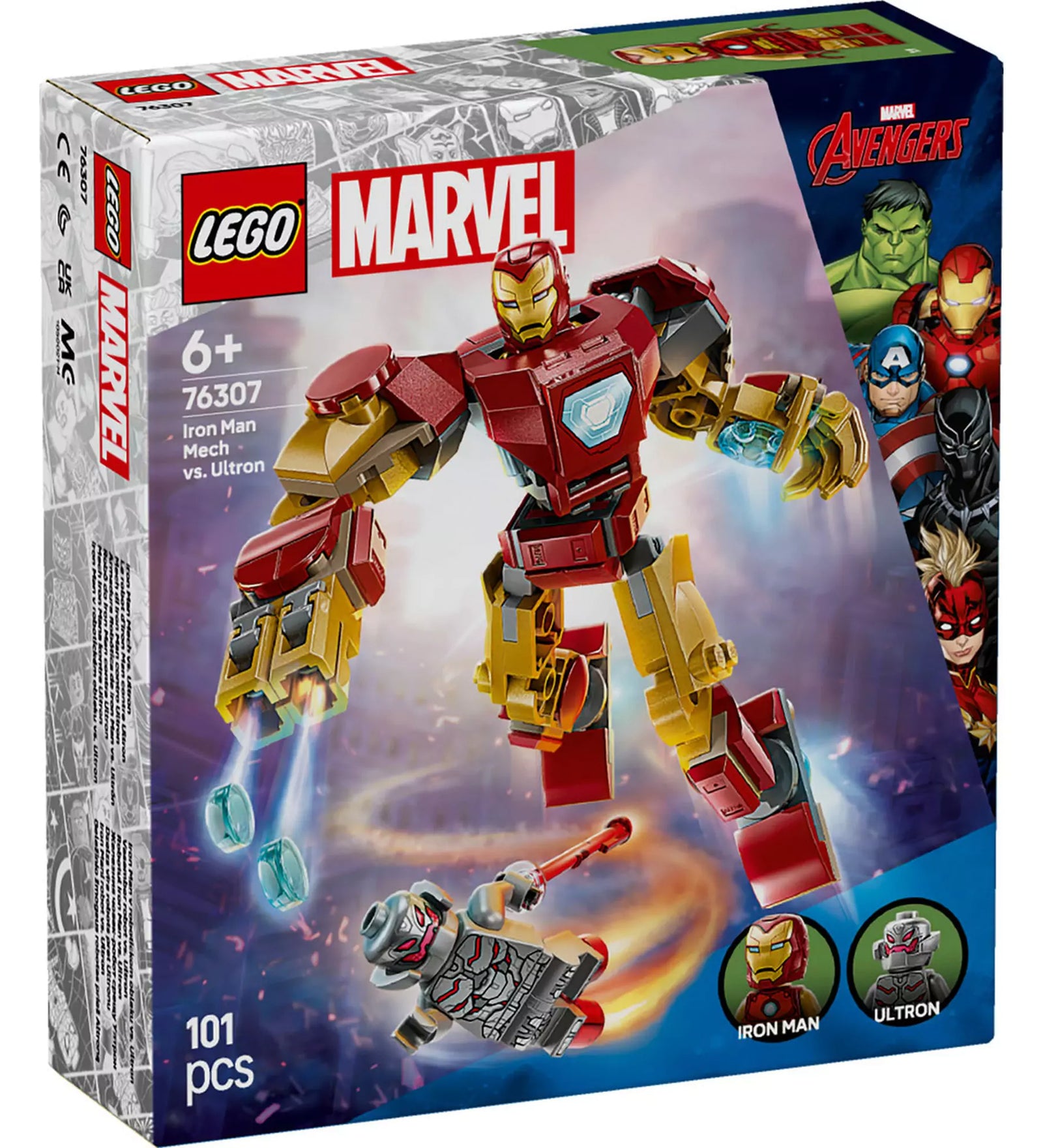 A LEGO Marvel Vasember robot vs. Ultron (76307) csomagolása, amely a dobozon Vasember robotját és Ultront ábrázolja.