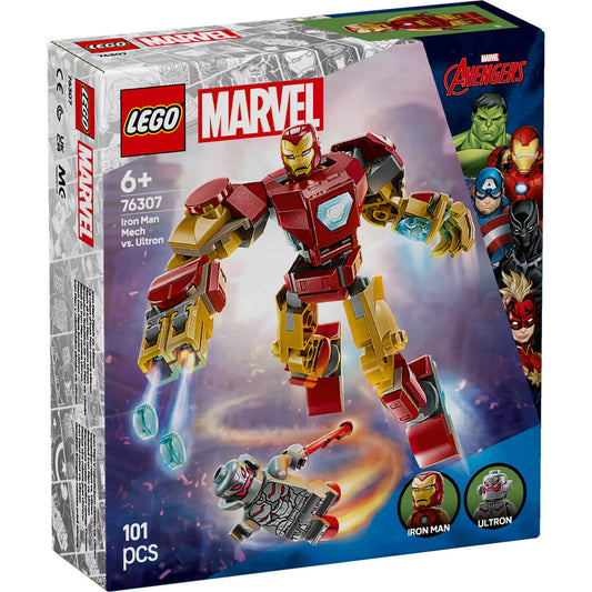 A LEGO Marvel Vasember robot vs. Ultron (76307) csomagolása, amely a dobozon Vasember robotját és Ultront ábrázolja.