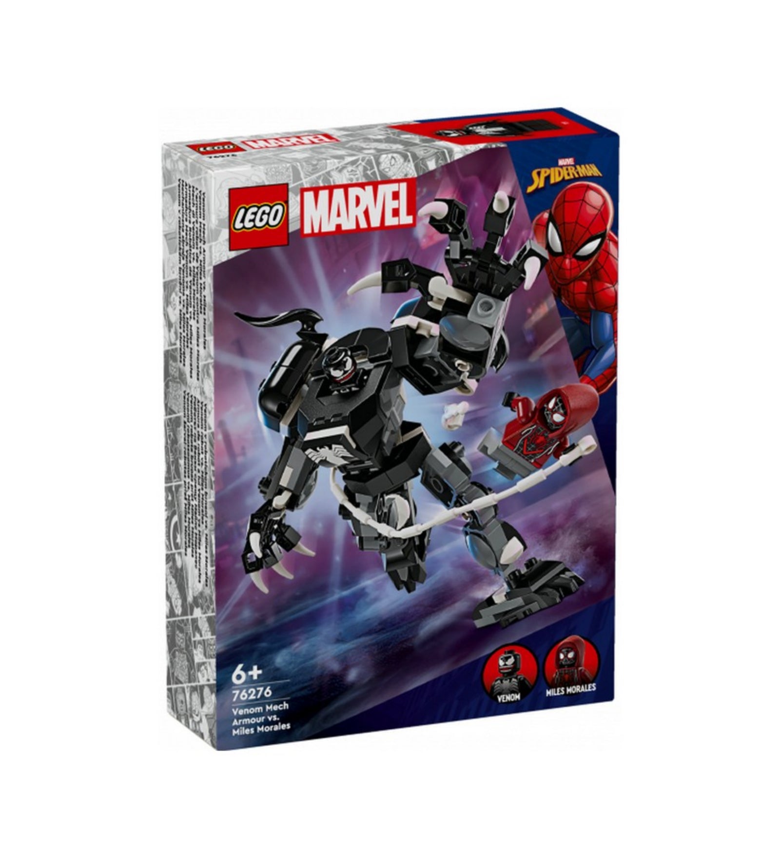 A LEGO Marvel 76276 Venom Mech Armour vs. Miles Morales készlet doboza, amelyen a dinamikus harci jelenet látható: Venom robotja megragadja Miles Moralest a látványos háttér előtt, bal alsó sarokban a két minifigura képe is megjelenik.