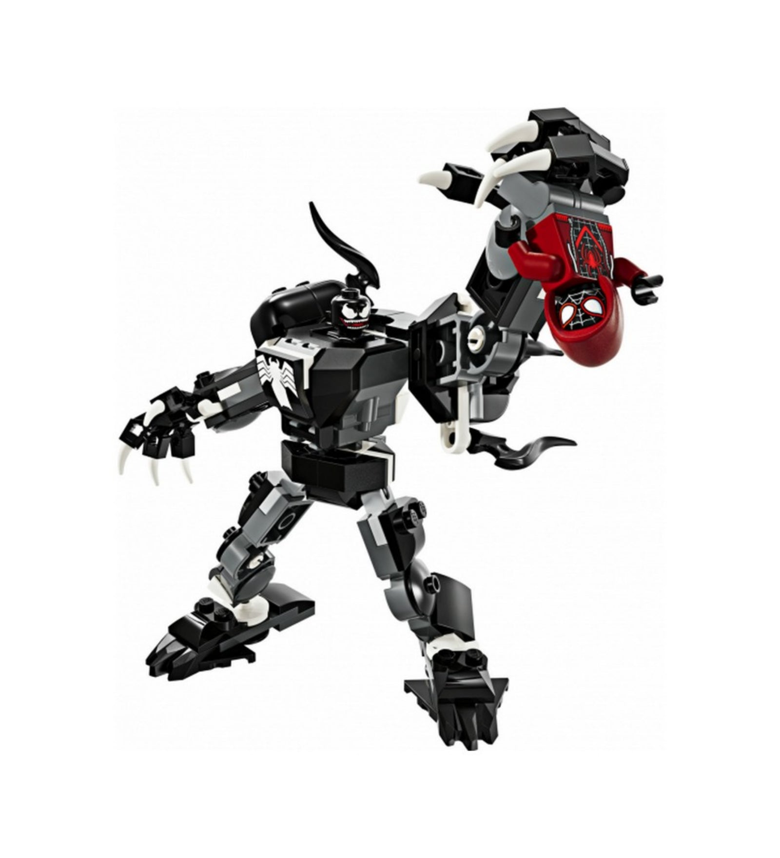 A LEGO Marvel Venom robotpáncél (76276) teljesen összeállított modellje, amelyben a fekete-fehér Venom robot egyik karjával felfelé tartja Miles Moralest, miközben a figura pókháló-elemekkel felszerelve küzd a szabadulásért.