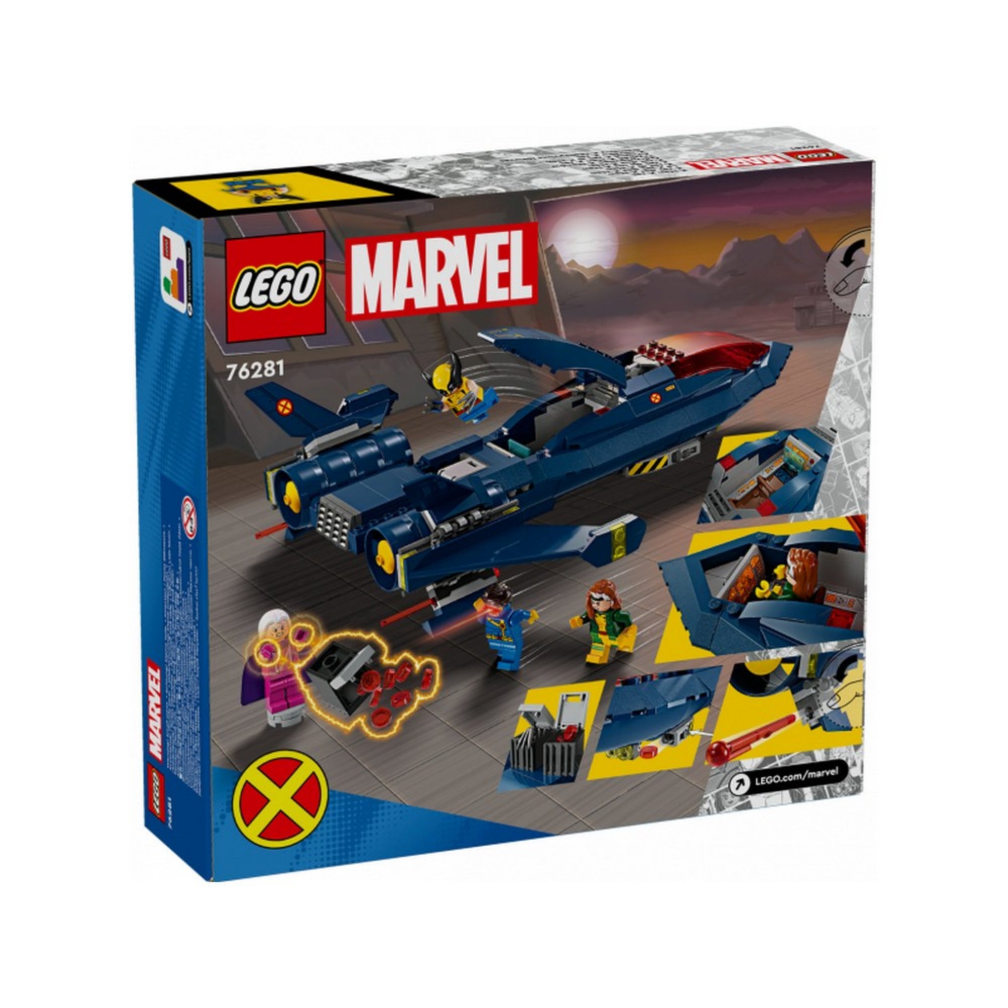 A LEGO Marvel X-Men X-Jet (76281) dobozának hátoldali képe, bemutatva a repülőgépet a minifigurákkal és különböző játéklehetőségekkel. A doboz hátlapján közeliként láthatók az interaktív elemek: rakodónyílás, rakétavető, belső tér, és egy energiakockákat tartalmazó rekesz. 