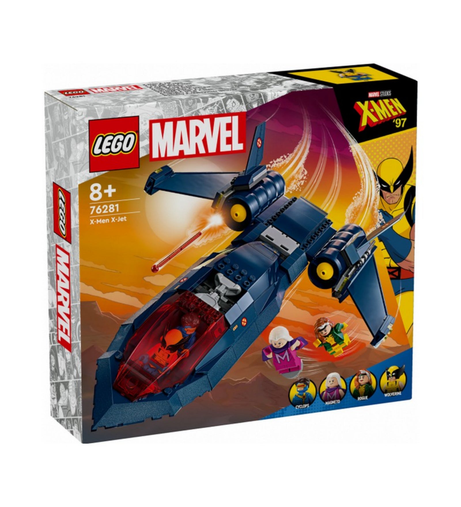 A LEGO Marvel X-Men X-Jet (76281) szett dobozának elölnézeti képe, amelyen a repülő dinamikus jelenetben szerepel háttérben a naplementével. A dobozon jól látható a Marvel logó, az X-Men '97 sorozat emblémája, valamint a mellékelt minifigurák – Cyclops, Magneto, Rogue és Wolverine – arcképei.
