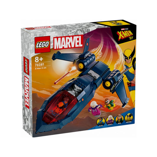 A LEGO Marvel X-Men X-Jet (76281) szett dobozának elölnézeti képe, amelyen a repülő dinamikus jelenetben szerepel háttérben a naplementével. A dobozon jól látható a Marvel logó, az X-Men '97 sorozat emblémája, valamint a mellékelt minifigurák – Cyclops, Magneto, Rogue és Wolverine – arcképei.
