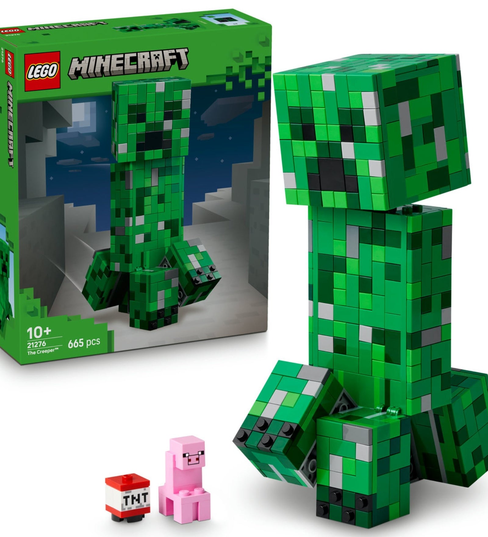 A LEGO Minecraft 21276 A Creeper™ készlet: a nagy méretű, kockákból épített zöld Creeper figura mellett egy rózsaszín malac és egy TNT blokk is látható; háttérben a doboz 665 darabos jelzéssel.