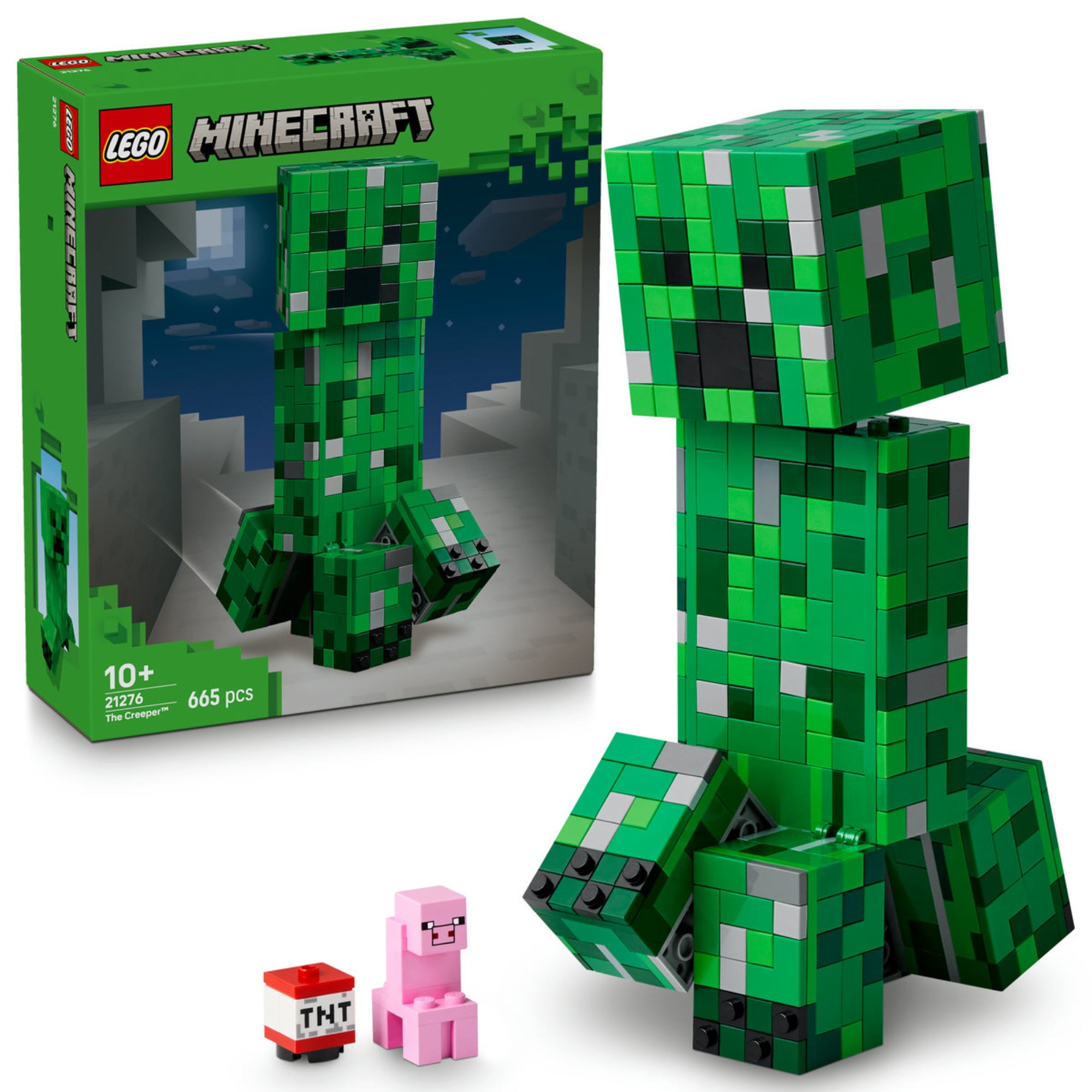 A LEGO Minecraft 21276 A Creeper™ készlet: a nagy méretű, kockákból épített zöld Creeper figura mellett egy rózsaszín malac és egy TNT blokk is látható; háttérben a doboz 665 darabos jelzéssel.