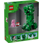 A LEGO Minecraft 21276 doboz hátoldala: a Creeper figura elforgatott fejjel, mellette malac és TNT blokk, alul három illusztráció mutatja a Creeper mozgatható részeit és belsejében rejtett tárolót.
