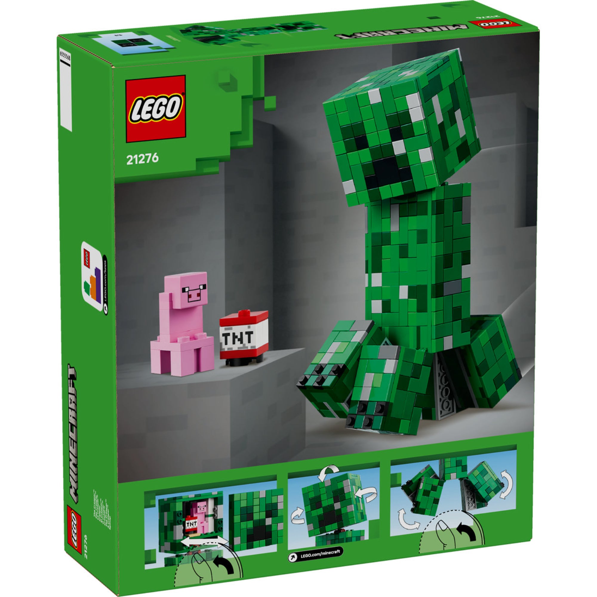 A LEGO Minecraft 21276 doboz hátoldala: a Creeper figura elforgatott fejjel, mellette malac és TNT blokk, alul három illusztráció mutatja a Creeper mozgatható részeit és belsejében rejtett tárolót.
