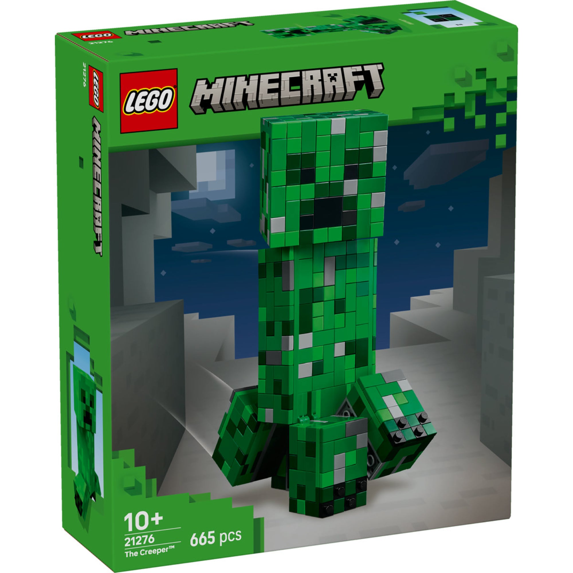A LEGO Minecraft 21276 készlet doboza, rajta a zöld Creeper figura pixelgrafikás stílusban, barlangszerű háttérrel; bal alsó sarokban a 10+ korosztály és 665 darabos információ.