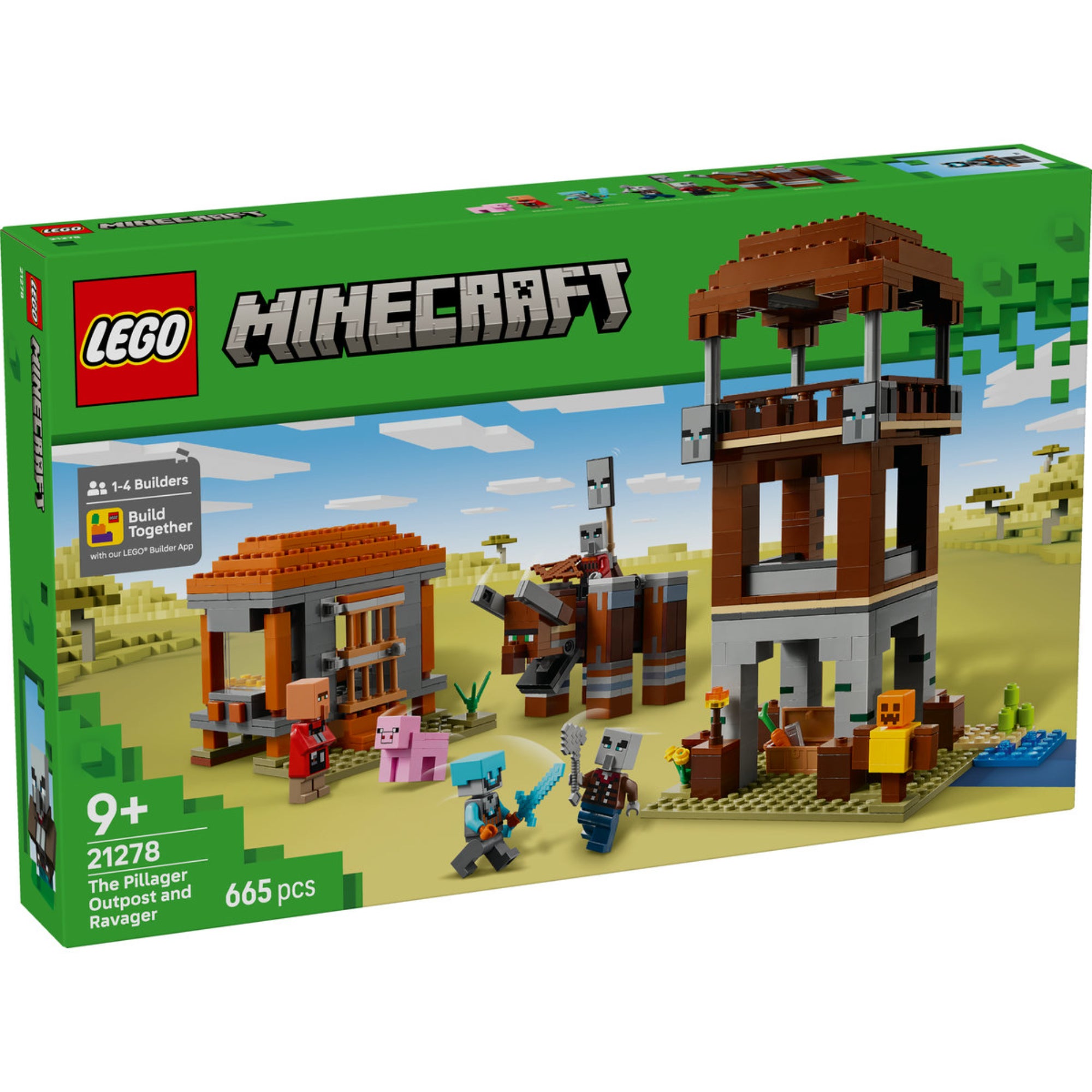 LEGO Minecraft A Fosztogató őrtorony és a Romboló (21278) készlet színes doboza, amelyen a készlet elemei és szereplői akcióban láthatók a Minecraft világ sivatagi tá