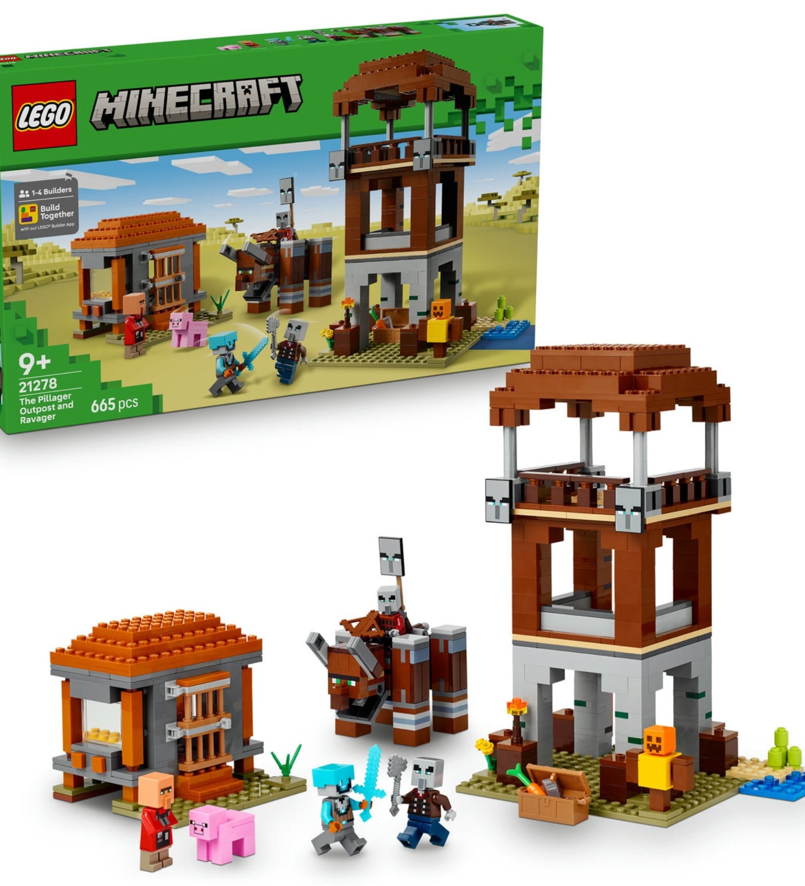 LEGO Minecraft A Fosztogató őrtorony és a Romboló (21278) készlet doboza és a teljes, összerakott játékkészlet, amely magában foglalja az őrtornyot, egy kis kunyhót, a Romboló figurát, és öt minifigurát a sivatagi háttér előtt.