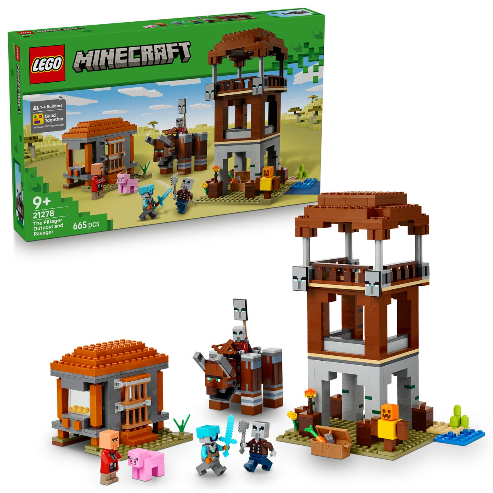 LEGO Minecraft A Fosztogató őrtorony és a Romboló (21278) készlet doboza és a teljes, összerakott játékkészlet, amely magában foglalja az őrtornyot, egy kis kunyhót, a Romboló figurát, és öt minifigurát a sivatagi háttér előtt.