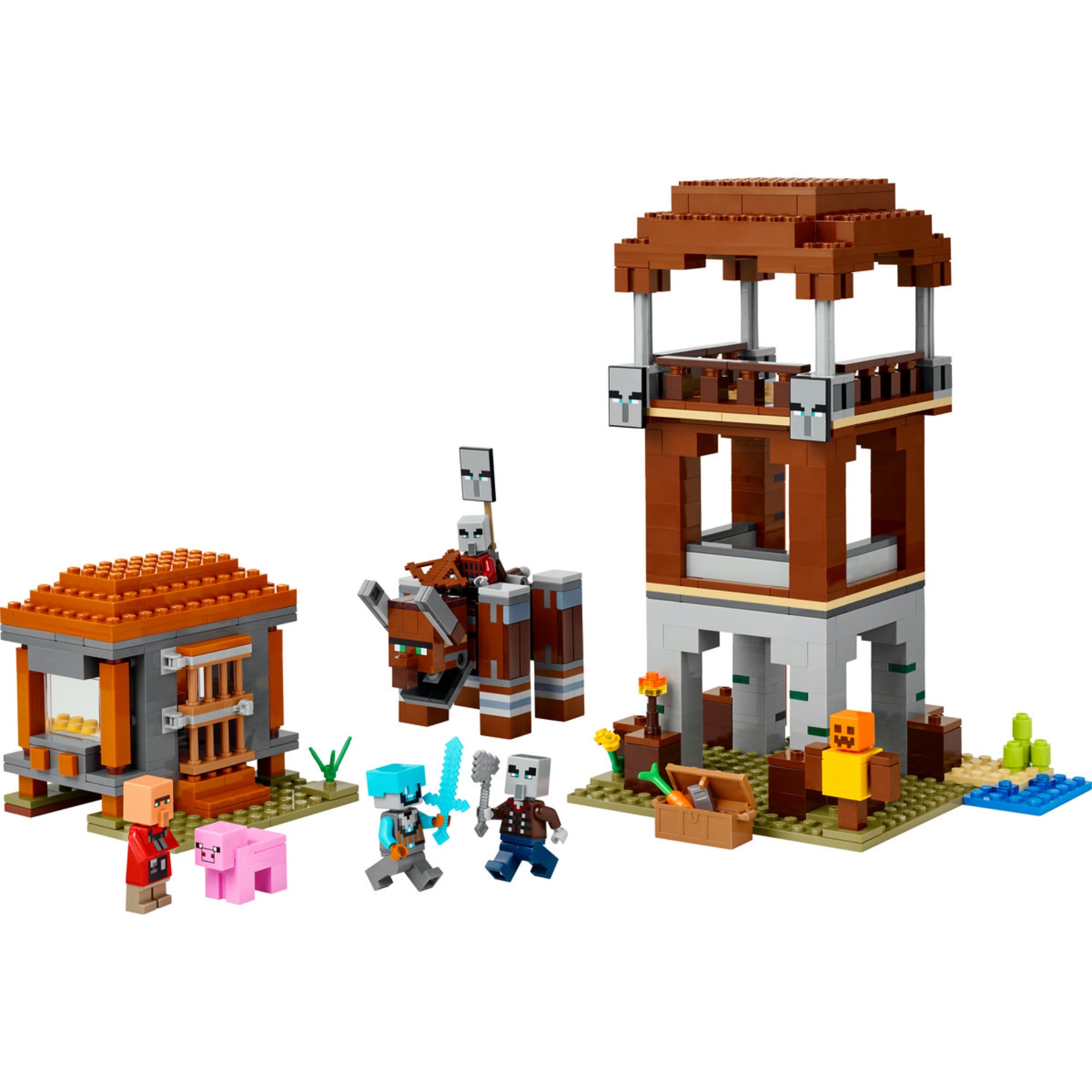 A LEGO Minecraft A Fosztogató őrtorony és a Romboló (21278) teljes készlete összerakva, jól látható őrtoronnyal, kunyhóval, rombolóval és szereplőkkel, fehér háttér előtt.
