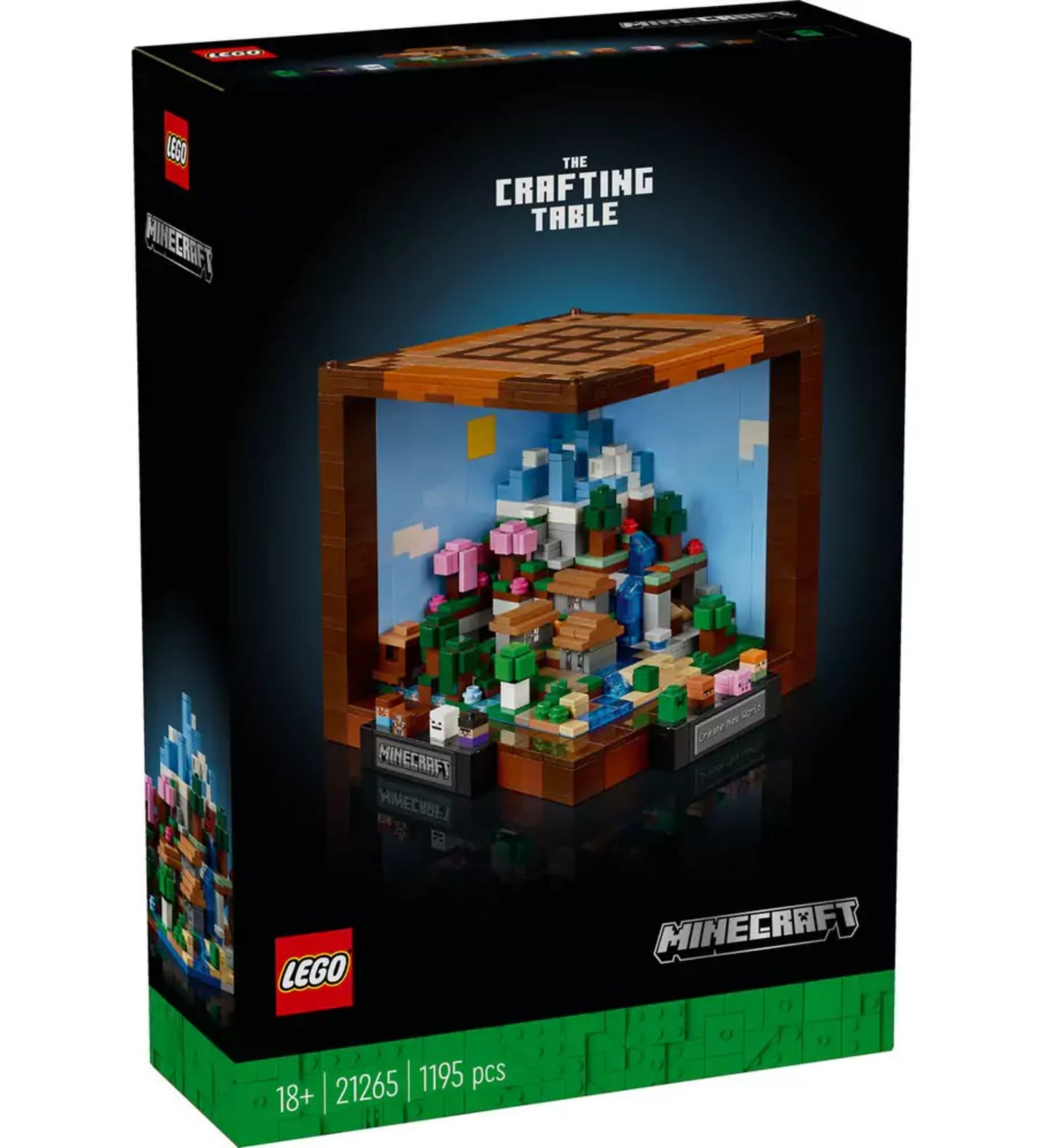 A LEGO Minecraft A barkácsasztal (21265) szett sötét dizájnú doboza, rajta a megépített modell látványos fotója és a készlet adatai: 18+, 21265, 1195 darab.
