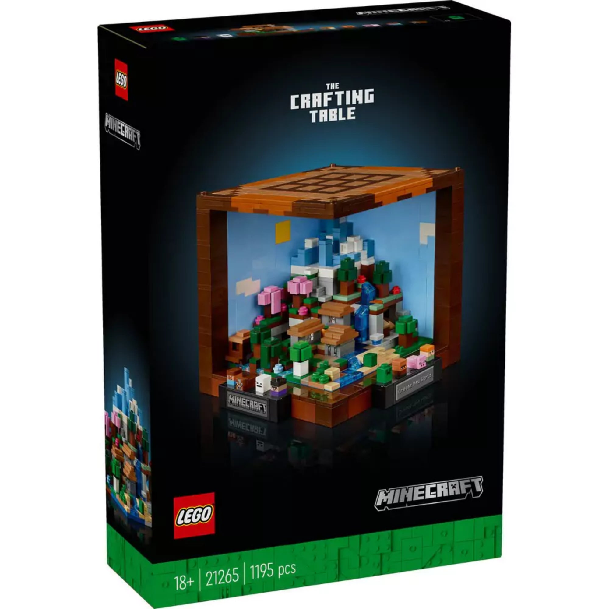 A LEGO Minecraft A barkácsasztal (21265) szett sötét dizájnú doboza, rajta a megépített modell látványos fotója és a készlet adatai: 18+, 21265, 1195 darab.