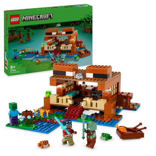 LEGO Minecraft A békaház (21256) doboza és a készlet tartalma együtt, kiállítva a doboz előterében.