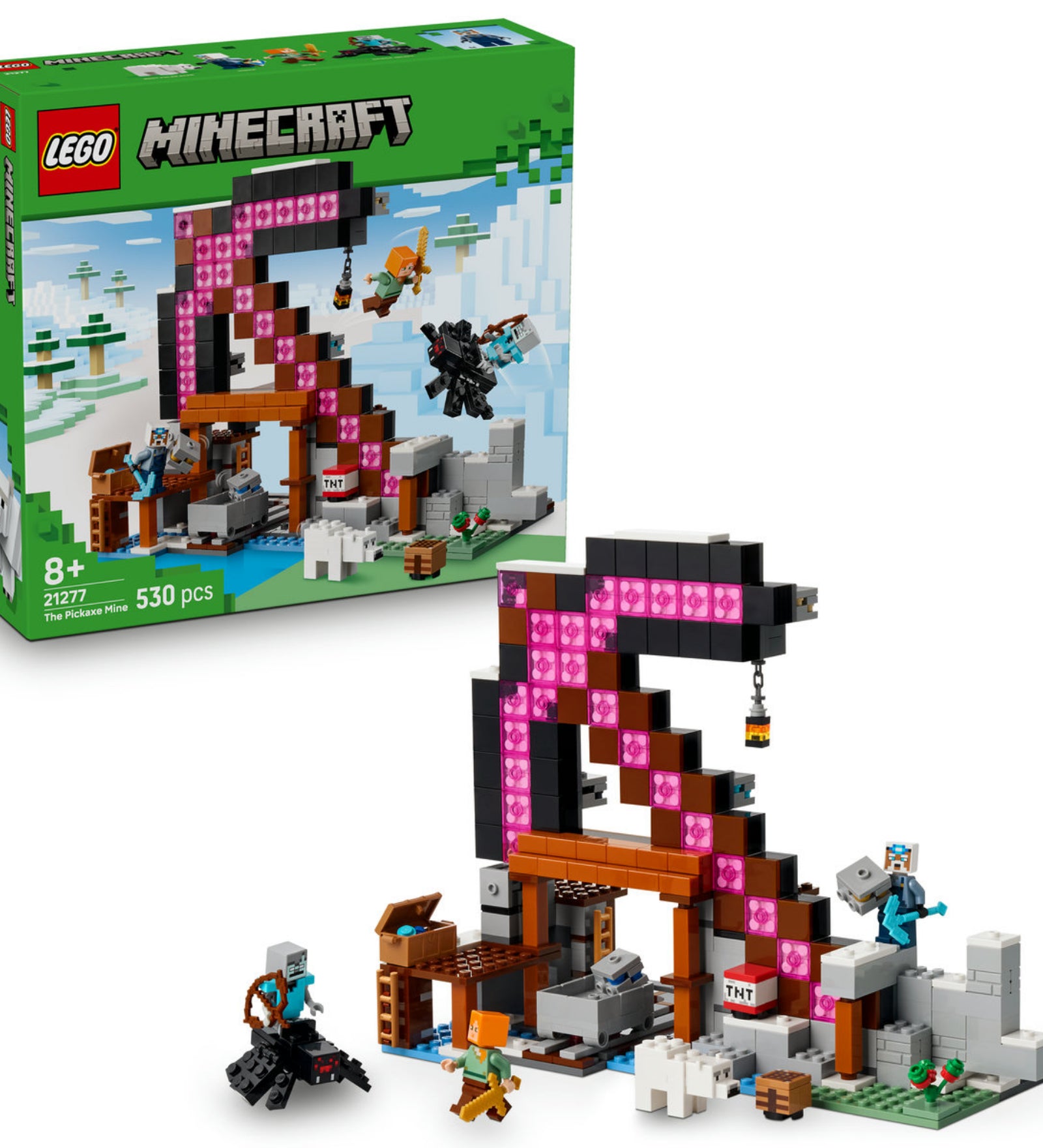 LEGO Minecraft A csákánybánya (21277) doboz és az összerakott építmény egy képen, előtérben Alex, a bányász, pókzsoké, kincsesláda és a robbanásra kész TNT csille is szerepel.