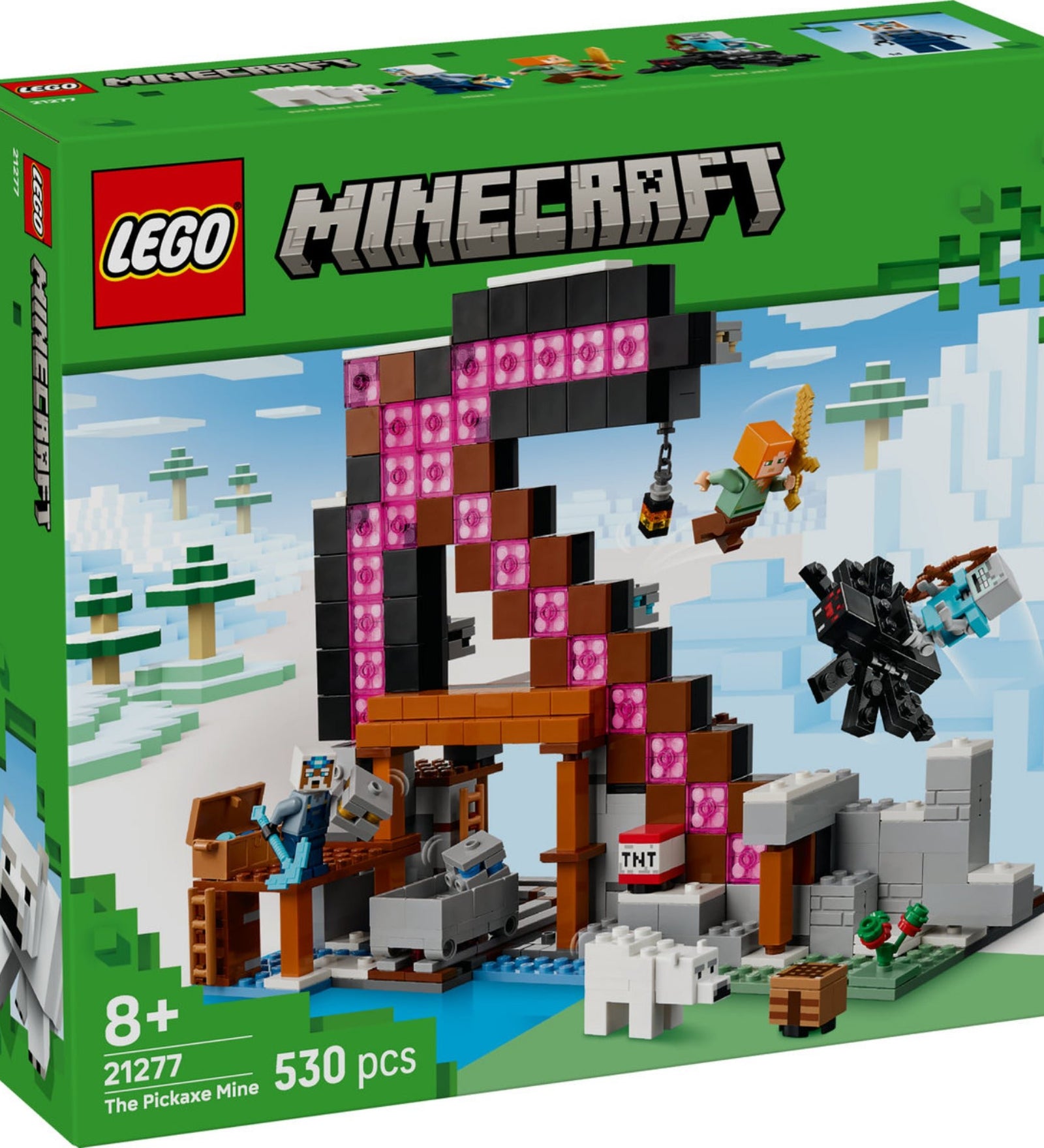 LEGO Minecraft A csákánybánya (21277) szett doboza elölről, hatalmas rózsaszín csákány alakú bányaépítménnyel, a jelenetben Alex, egy bányász, pókzsoké, vagon és TNT is szerepel, havas háttérrel. szett doboza elölről, hatalmas rózsaszín csákány alakú bányaépítménnyel, a jelenetben Alex, egy bányász, pókzsoké, vagon és TNT is szerepel, havas háttérrel.