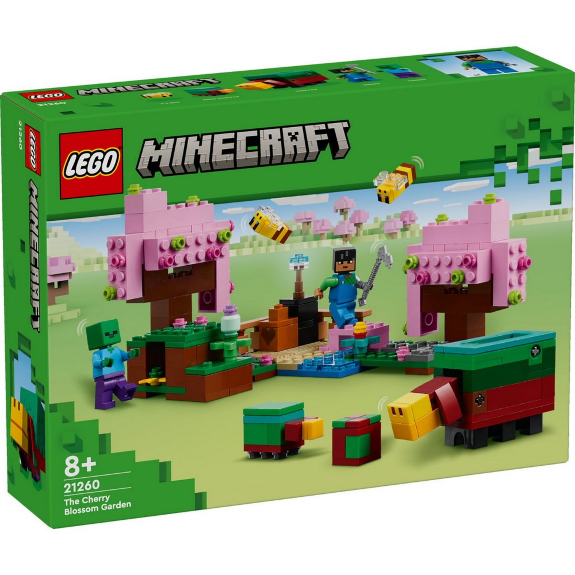 LEGO Minecraft A cseresznyevirágos kert (21260) doboza elölnézetből, a szett világoszöld háttérrel, virágzó rózsaszín fák, méhek, zombik és karakterek jelennek meg rajta.