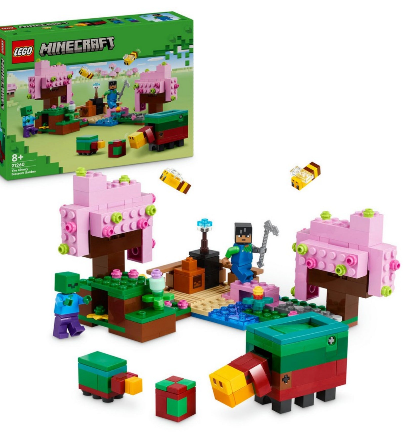 LEGO Minecraft A cseresznyevirágos kert (21260) doboza és teljes készlete egy képen, felépített játéktérrel, figurákkal és rózsaszín cseresznyefa elemekkel kiegészítve.