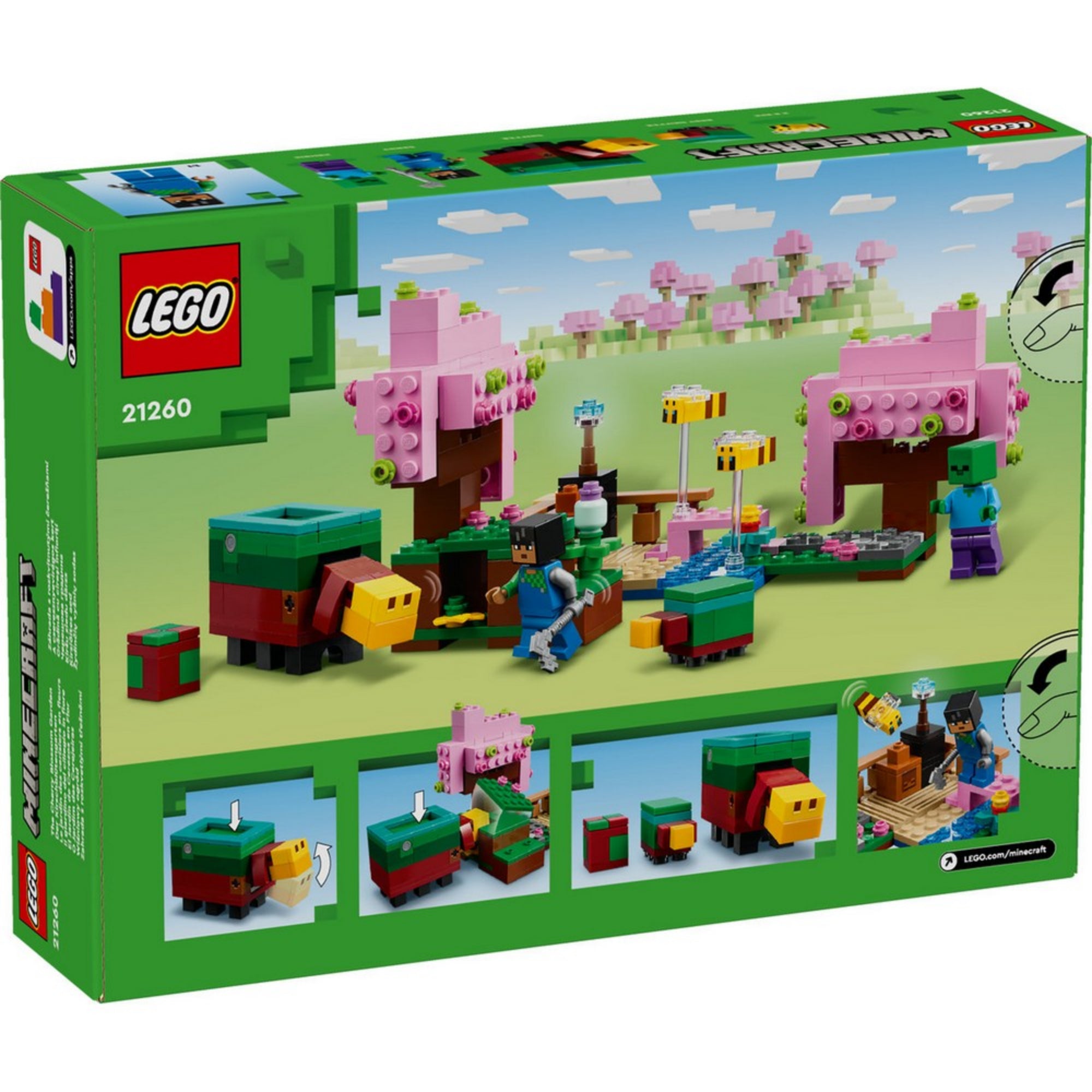 LEGO Minecraft A cseresznyevirágos kert (21260) doboz hátoldala, részletes játékmenet-ábrákkal, mozgatható disznóval, interaktív elemekkel és virágzó fás jelenettel.