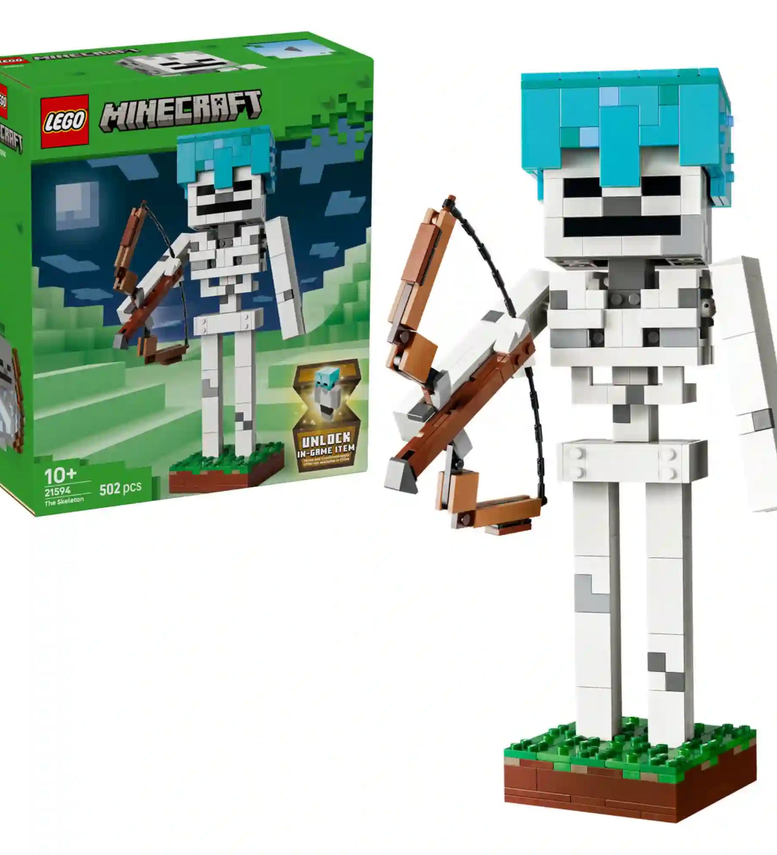 LEGO Minecraft: A csontváz 21594, 502 darabos dobozkép és megépített lego.