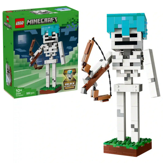 LEGO Minecraft: A csontváz 21594, 502 darabos dobozkép és megépített lego.