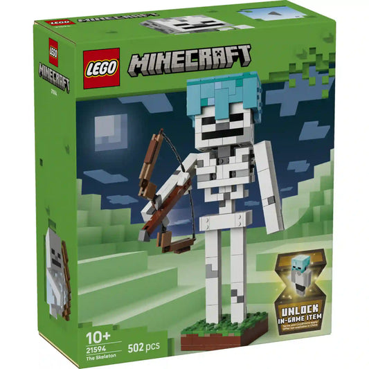 LEGO Minecraft: A csontváz 21594, 502 darabos dobozkép, csontváz figurával ábrázolva, lego és minecraft lógóval feltüntetve. 
